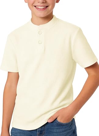Silenroar Boys Henley Short Sleeve Shirt Waffle Knit Tee Cotton Blend | Textured honeycomb fabric, classic button placket, tagless collar, fade resistant, summer casual tops