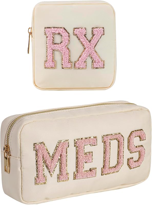 Conjunto com 2 necessaires de maquiagem RSRSLEII em nylon com patch chenille MEDS-RX e zíper metálico, Bege