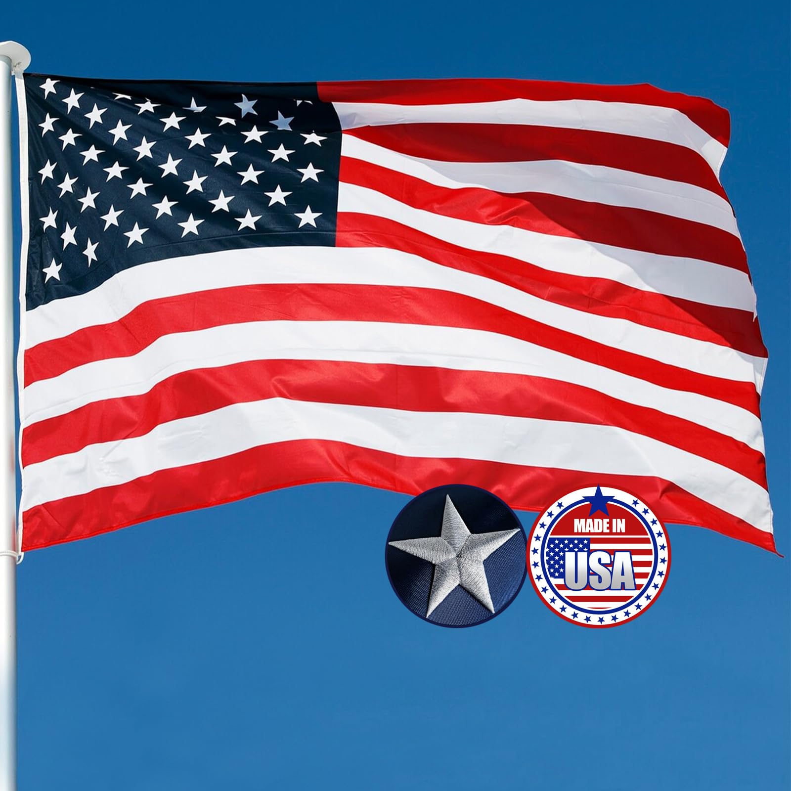 Star American Flag 5x8 Ft American Flag - Outdoor US Flag With Embroidered Stars, Sewn Stripes & Brass Grommets UV Protected American Flag