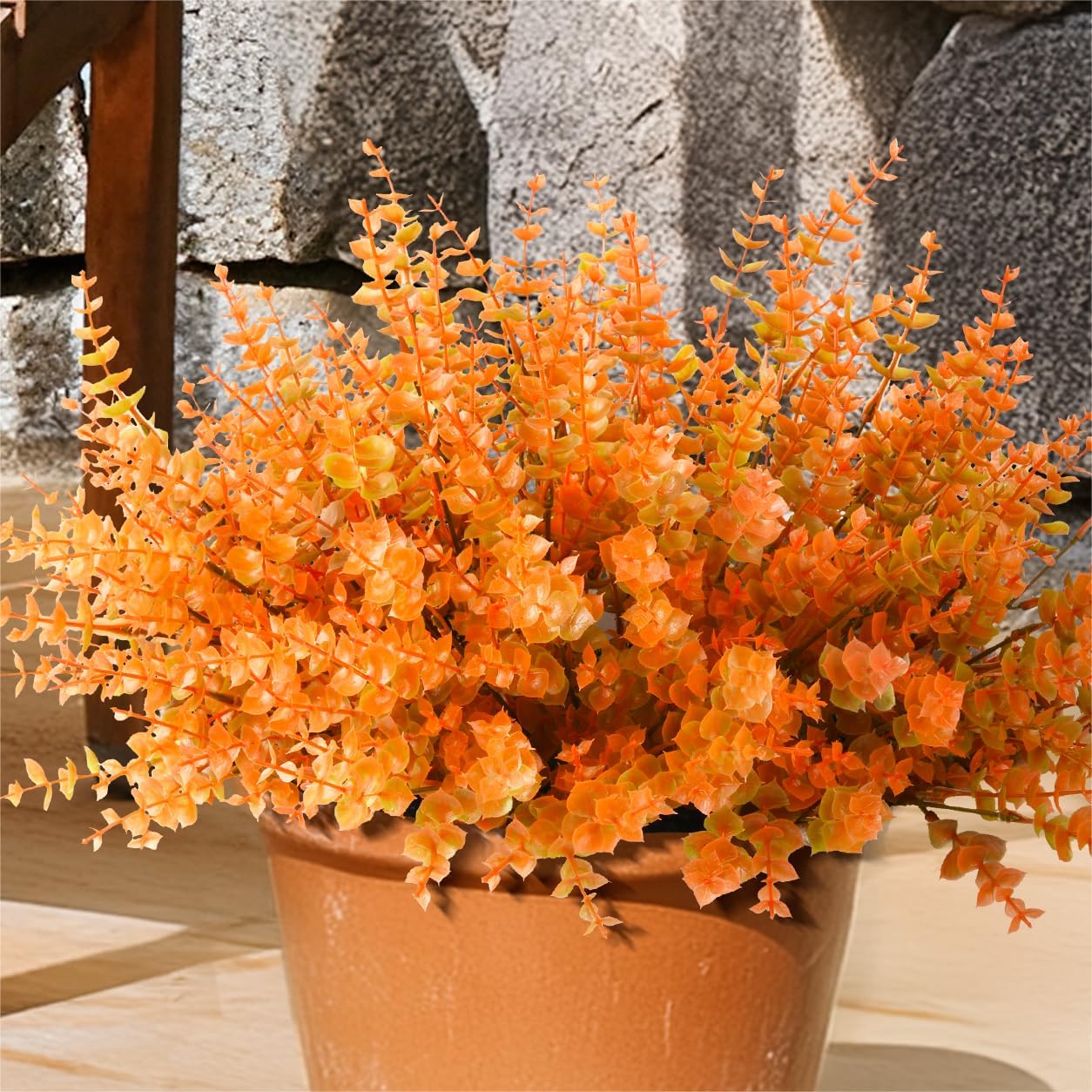 Artificial Faux Plants Flowers for Outdoor Fall Decoration,12 PCS Fake Eucalyptus Plastic Boxwood Shrubs Realistic UV Resistant for Front Porch Patio Balcony Yard Home (Light Brown)