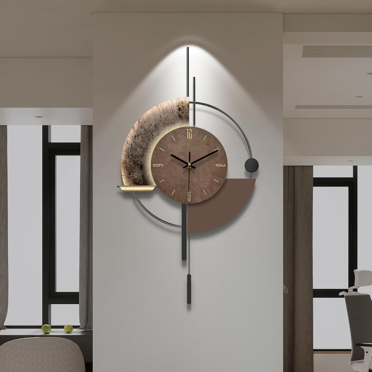 Large Wall Clocks for Living Room Decor?Big Wall Clock Modern Clap One's Hands and Light Up?Battery Operated Metal Wall Clock Large for Office Corridor?Black and Brown?34.3“*19“ 34.3''Lx19''W.