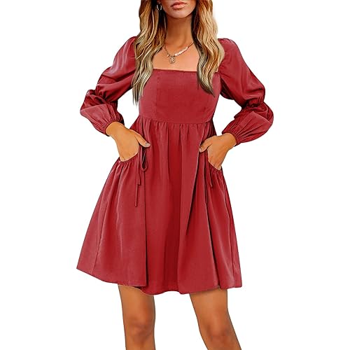 EXLURA Womens Summer Casual Wedding Guest Dress Square Bow Neck Long Puff Sleeve Dress Empire Waist Babydoll Mini Dress