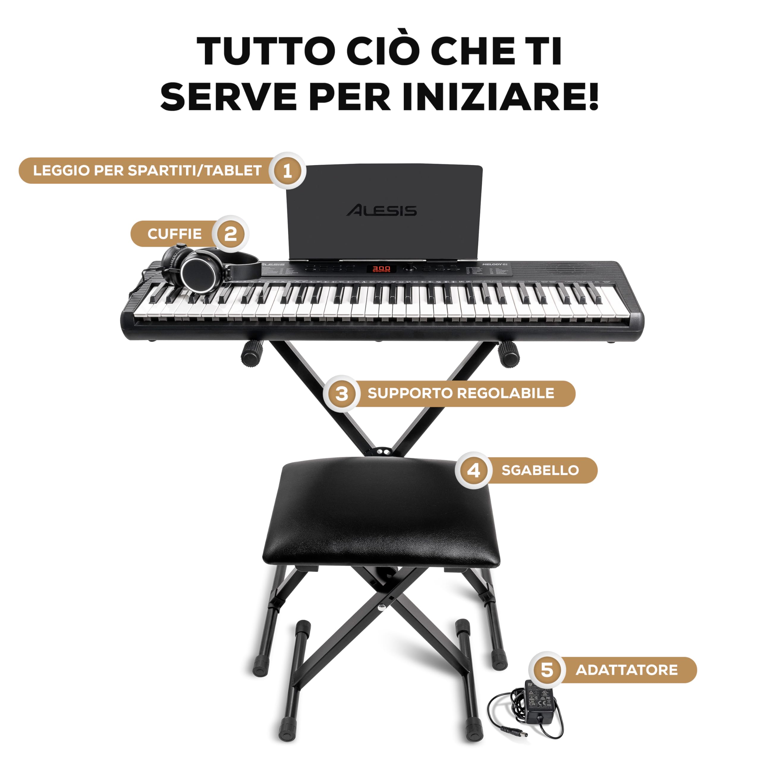 Alesis Melody 61 MK4 Tastiera Pianoforte 61 Tasti con Accessori | Portatile, 300 Voci, Modalità Split/Layer, Include Lezioni, Pianola per Scuola Media e Principianti