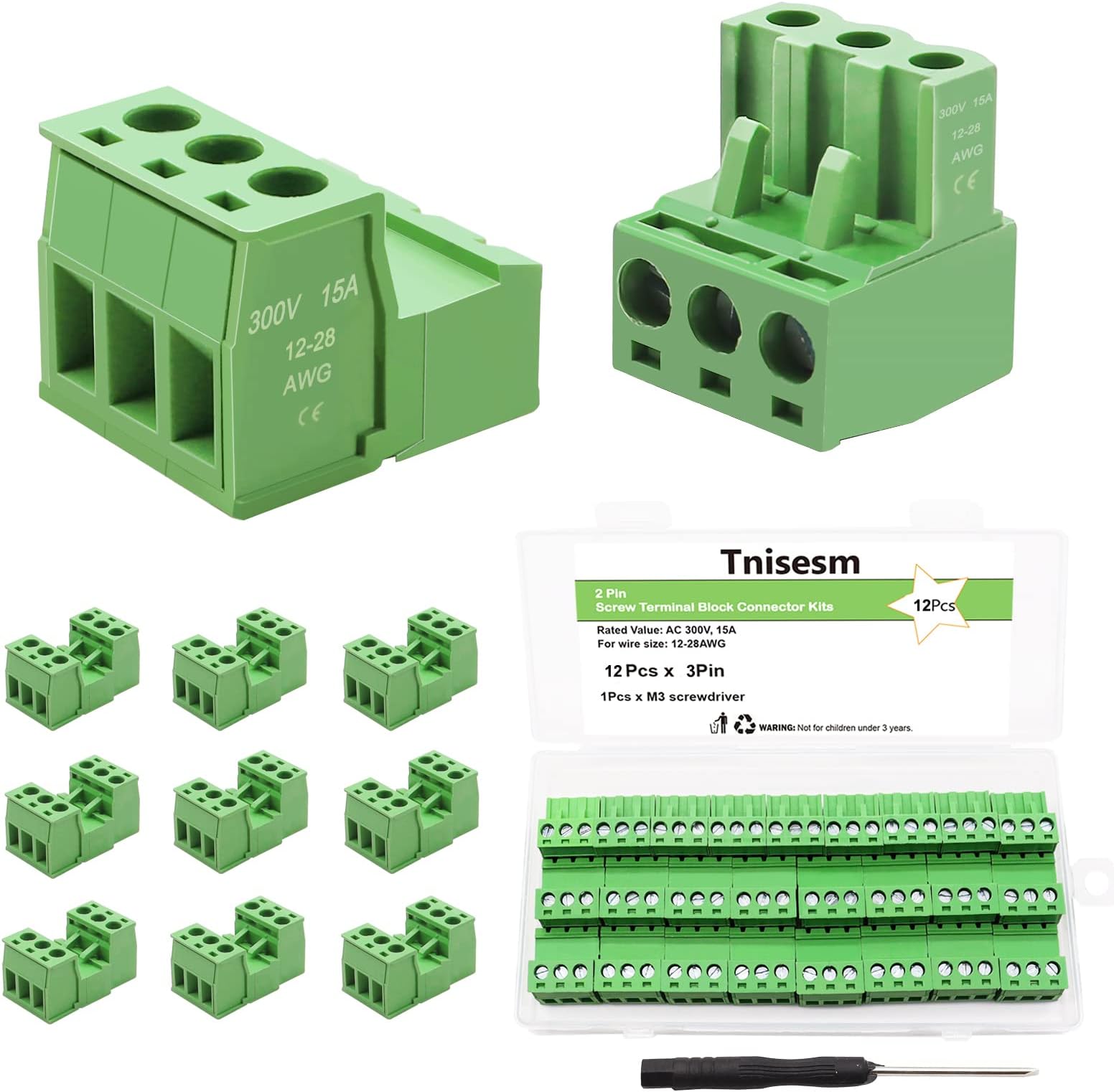 Tnisesm 12Pcs 3 Pin Screw Terminal Block Connector 5.08mm Pitch Pluggable with 3 Pin Phoenix Plug 300V 15A for 28-12AWG Cable