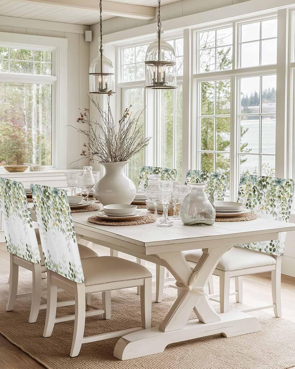 Sage Green Eucalyptus Chair Back Covers Set of 6, Botanical Dining Back Chair Cover Removable Washable Farmhouse Back Slipcovers, Floral Leaves Kitchen Chair Protector for Wedding Party Housewarming
