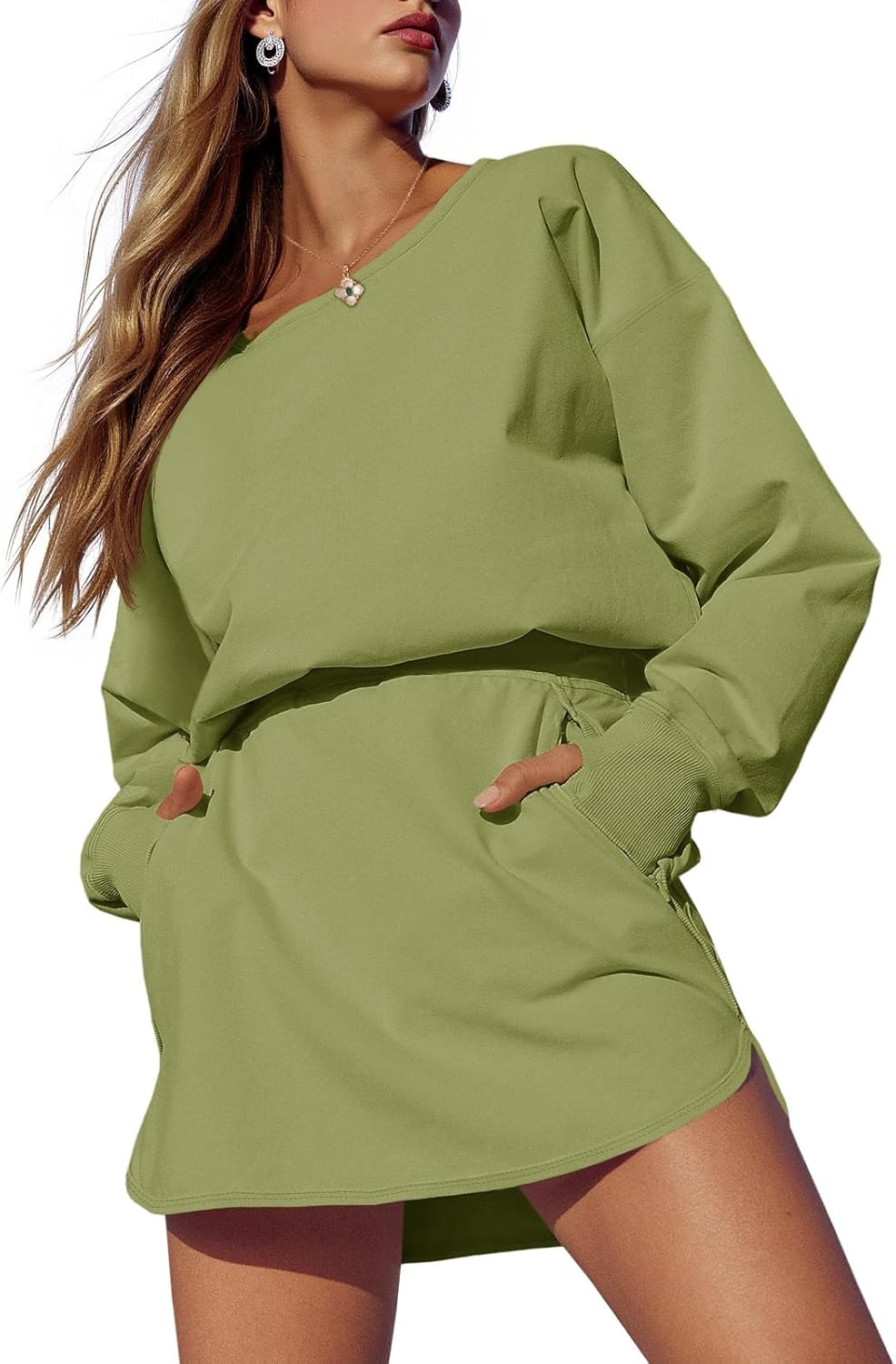 Fisoew Womens Long Sleeve Athletic Dress Backless Keyhole Built-in Shorts Oversized Workout Active Dresses