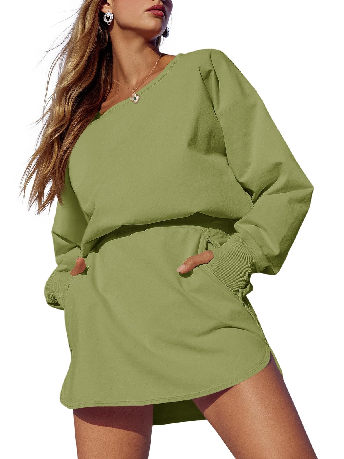 Fisoew Womens Long Sleeve Athletic Dress Backless Keyhole Built-in Shorts Oversized Workout Active Dresses