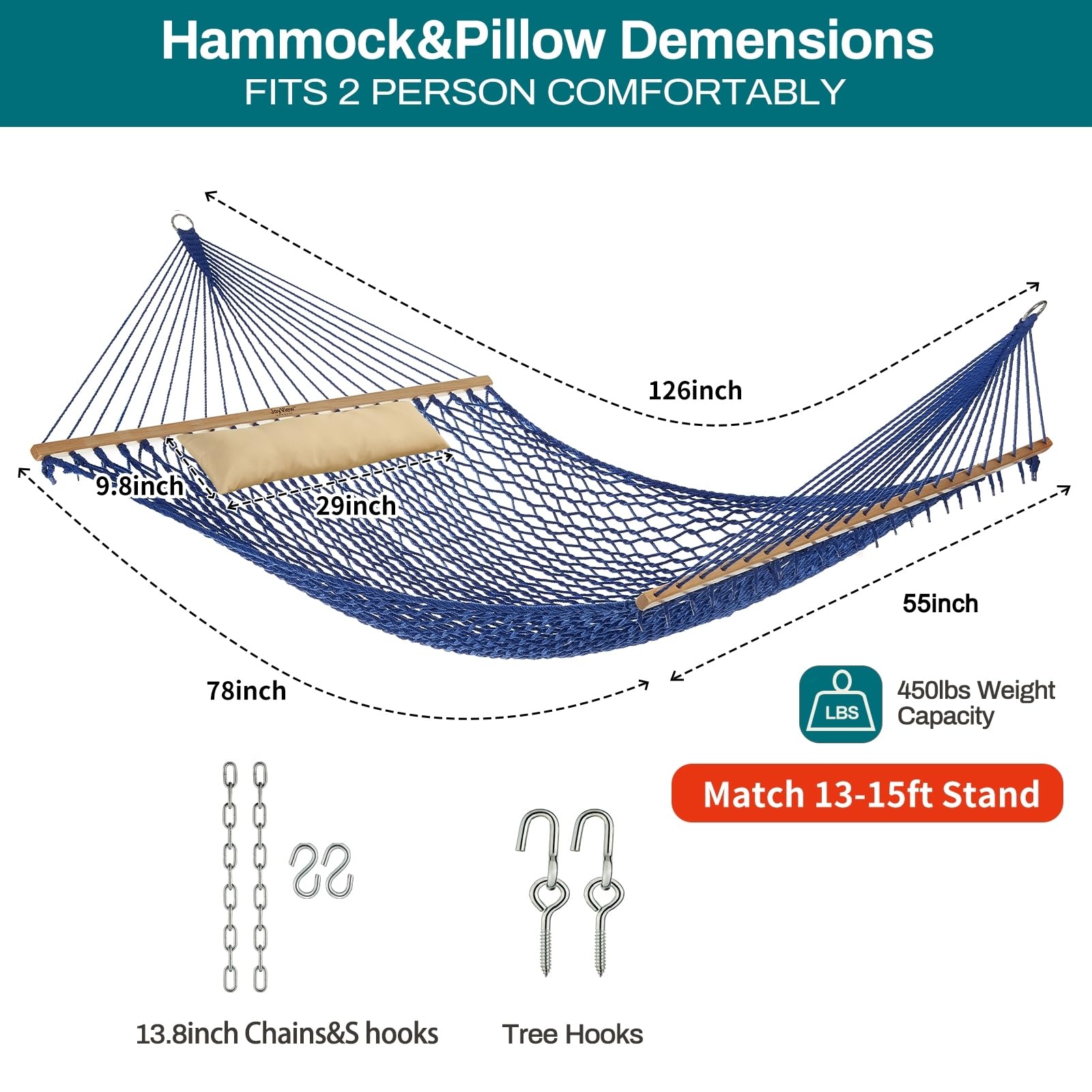 Hamaca doble de cuerda tradicional, hamaca de algodón tejida a mano con barra separadora de madera dura y almohada, capacidad de 450 libras para patio interior y exterior, color azul 3