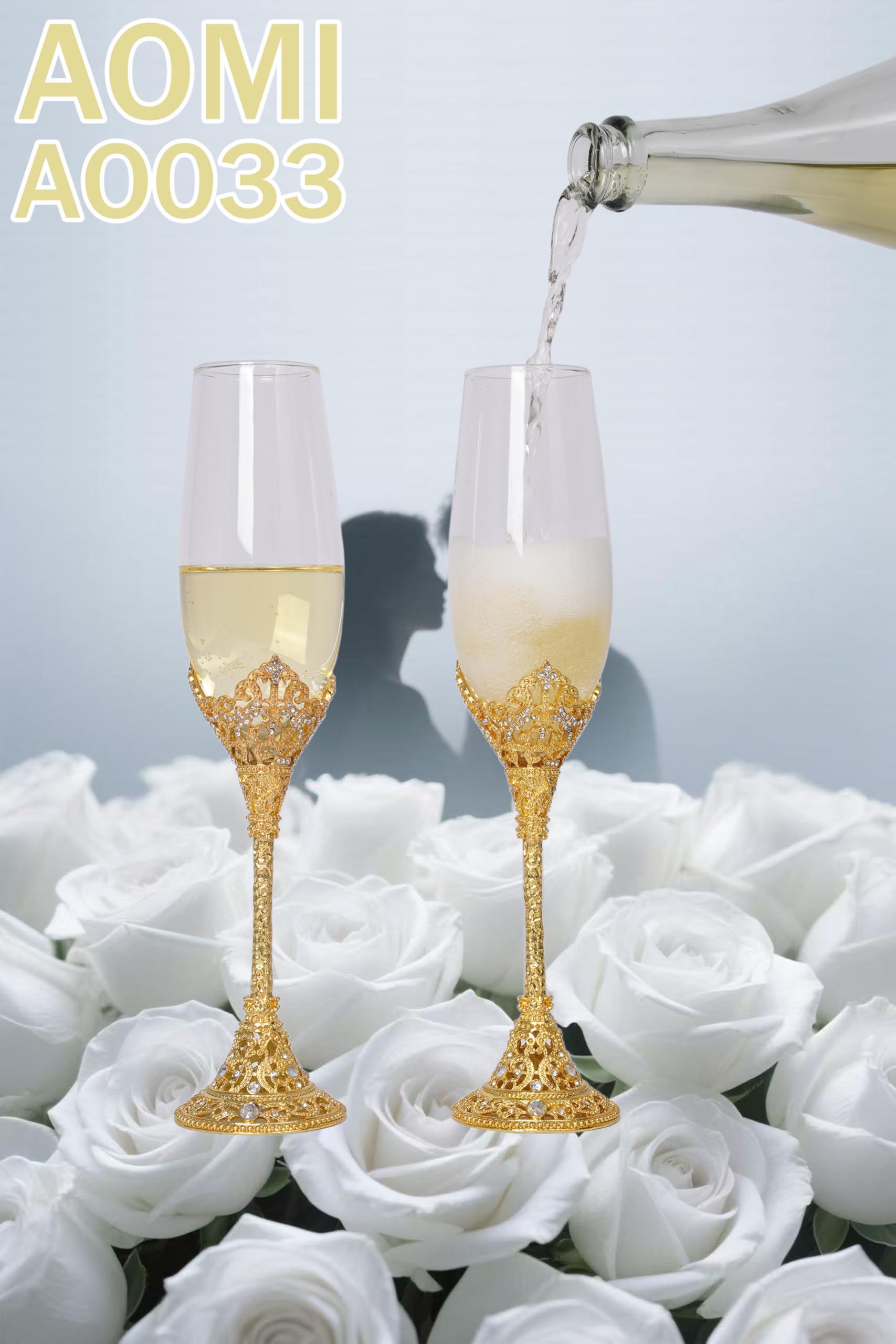 AOMI Copas de champán de boda de cristal de lujo, juego de copas de champán con tachuelas doradas de 7 onzas, elegante par de flauta grabada con caja de regalo, perfecto para bodas, aniversarios y