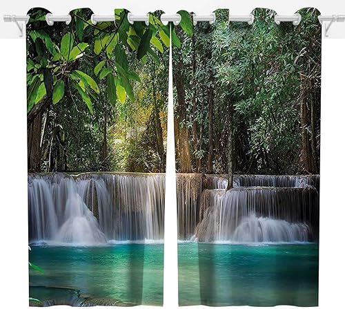Cortinas de decoración de cascada para sala de estar, 2 paneles de cortinas de ventana verdes y azules para sala de estar de 55 x 72 pulgadas de