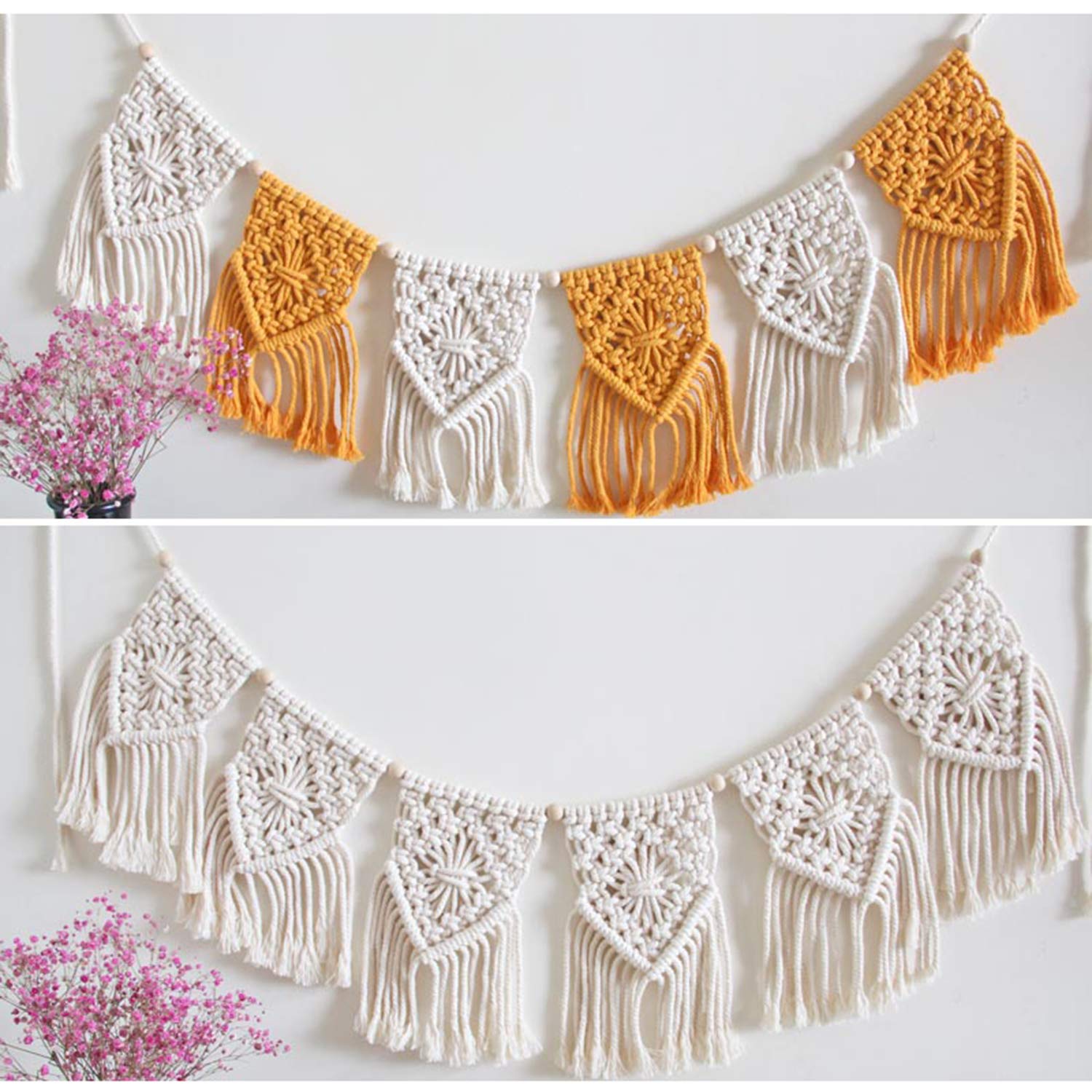 Macrame Colgante de Pared Franja Guirnalda Bandera Bohemia, Cuerda de algodón Hecha a Mano Borla Tejida Tapiz de Pared decoración del hogar para el Dormitorio Boda,White