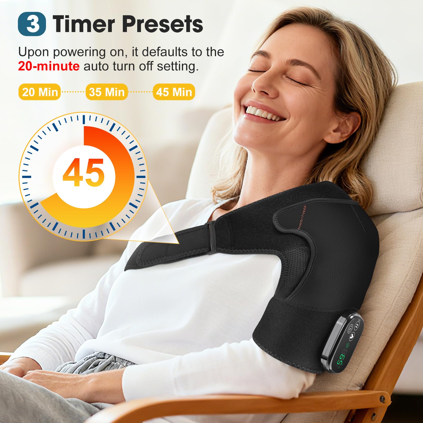 Coussinet Massant pour Épaules Chauffant Sans Fil, Attelle Chauffante pour Épaules Portable Avec Contrôle Écran Tactile, 5 Niveaux Chaleur, 5 Modes Vibration, Minuterie, 5000mAh, 4 Moteurs-Noir