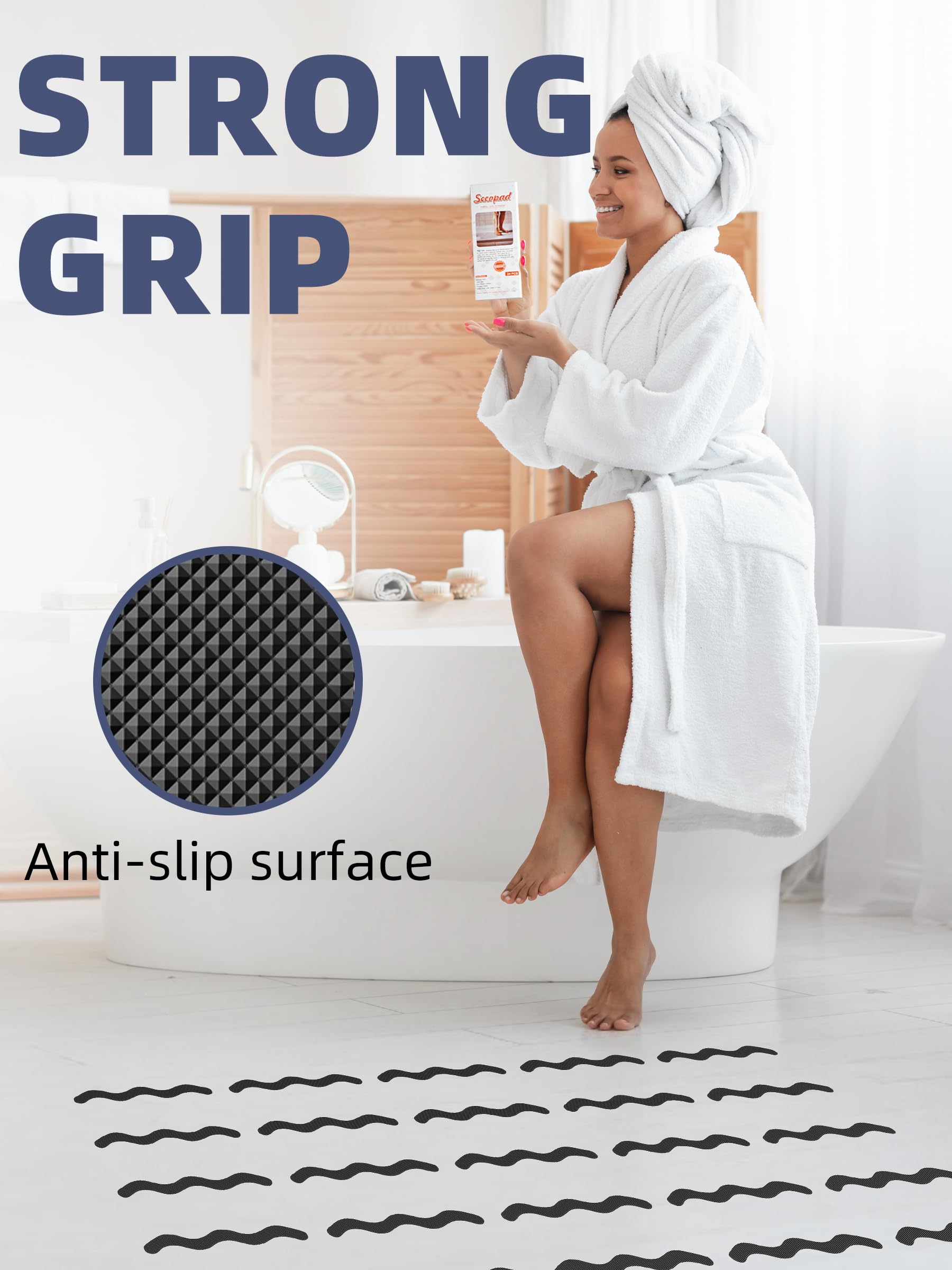 Secopad Anti Slip Shower Stickers, Adhesive Decals Safety Strips with Scraper for Bath Tub, Shower Floor, Stairs, 24 Pieces (Black)