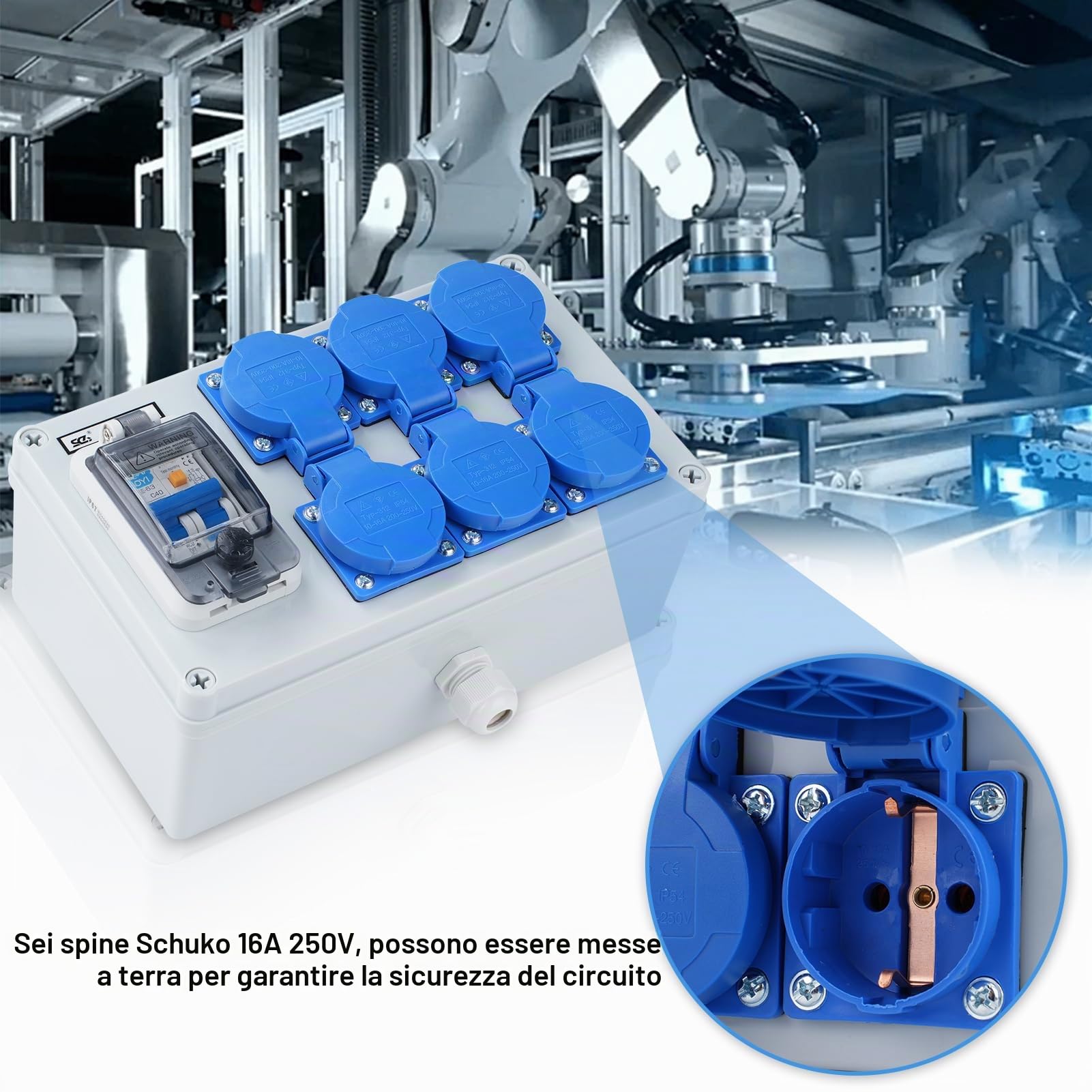 Distributore di corrente Buyweek con protezione dalle perdite RCD 50A 1P+N, scatola di distribuzione a parete con interruttore FI e prese Schuko, IP54 impermeabile(6-Way)
