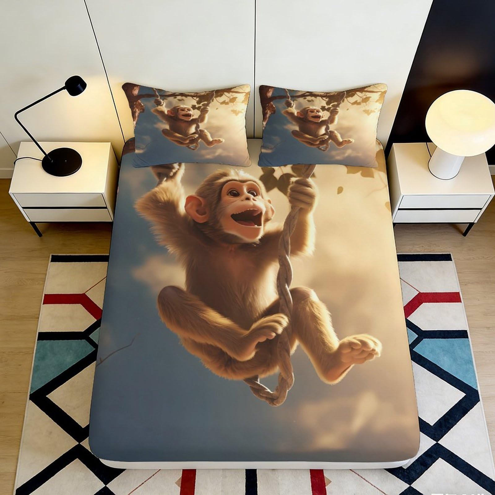 3D Printed Monkey Jungle Fitted Sheet Microfiber Soft Non-Slip Cartoon Animal Mattress Cover for Bedroom Dorm Bed Decor 180x200x25cm