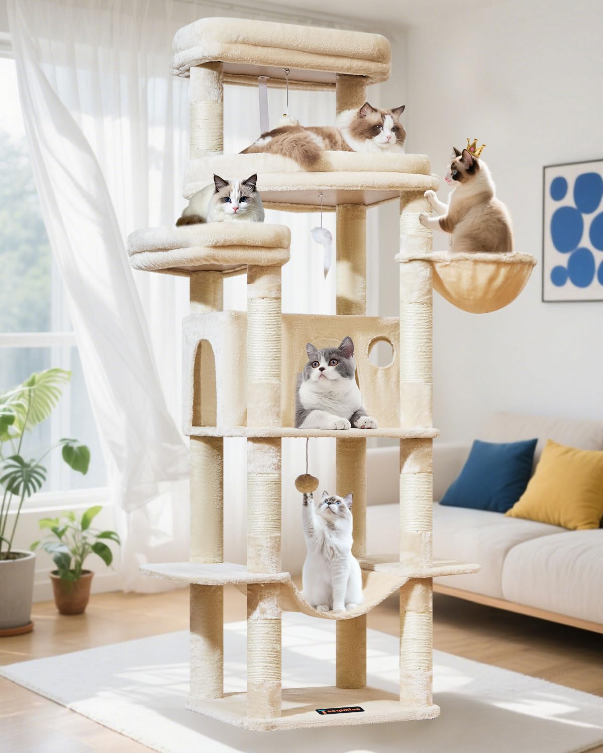 Taoqimiao Cat Tree, 180cm Large Cat Tree for Big Cats Cat Towers for Indoor Cats with 9 Scratching Posts, Spacious Platform, Cozy Hammock, Top Perch, Widened Cat Condo, Beige MS034M