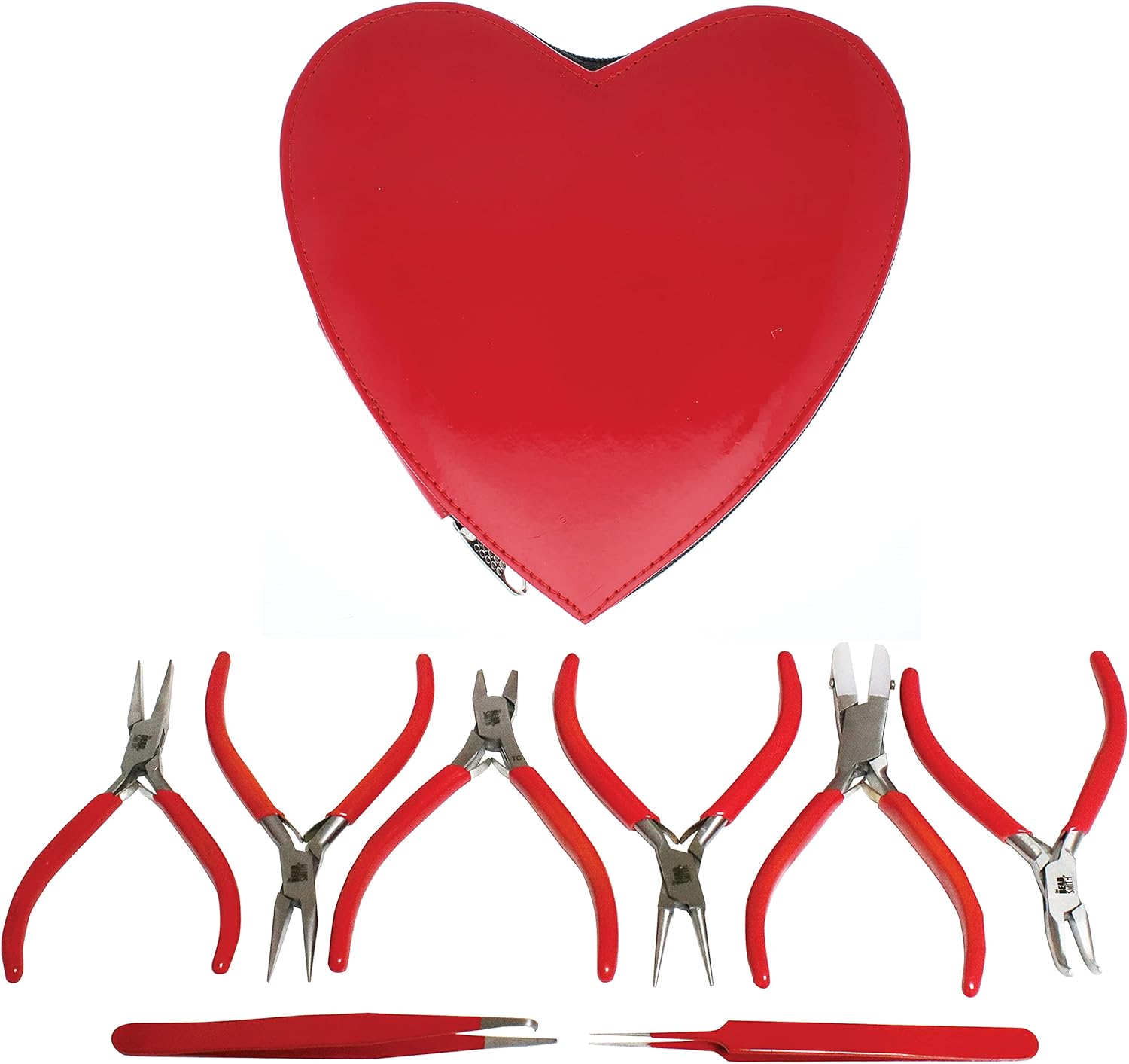 The Beadsmith I Beads Pliers – 4.5 Inches, 8-Piece Set: Round Nose, Chain Nose, Bent Chain Nose, Flat Nose, Nylon Jaw, Tweezers & Tungsten Carbide Side Cutter – Heart-Shaped Carrying Case Included…