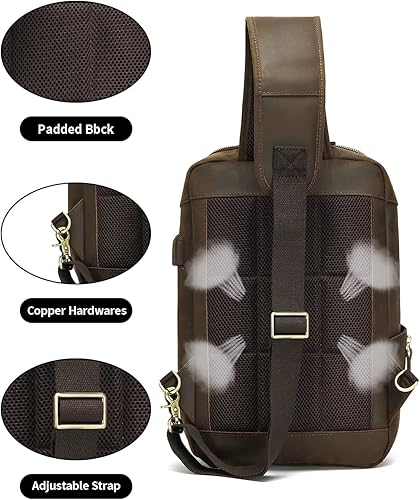 Miniatura 5 de Vintage De Grano Completo Cuero Genuino Sling Bag Crossbody Pecho Mochila De Hombro Daypack Viaje Senderismo Para 13.3 Pulgadas Portátil - Marrón