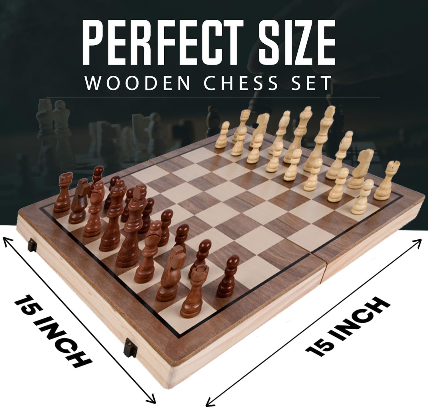 Ajedrez Ajedrez estándar internacional plegable, damas y ajedrez, juego de mesa de madera magnético 2 en 1, caja de almacenamiento de 15 pulgadas, bolsa para 2 jugadores ajedrez clásico