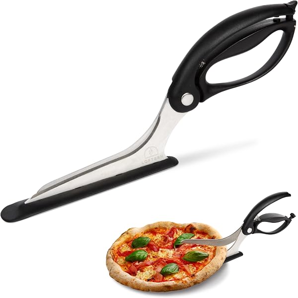 Loftern Pizza Scissors - Non-Stick With Firm Grip Base - Food Grade Stainless Steel Cutter - 5-in-1 Food Slicer & Server