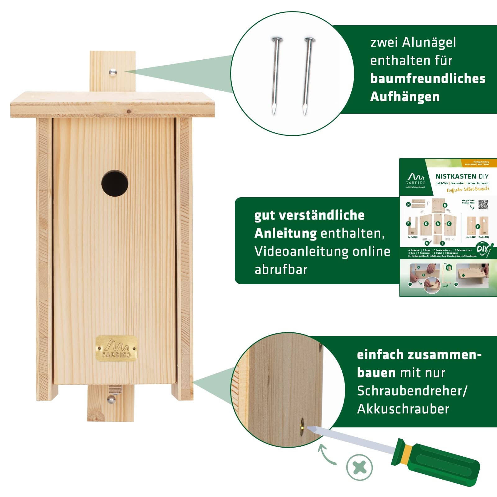 GARDIGO® Nistkasten Bausatz für Meisen I Vogelhaus zum selber Bauen I Made in Germany I Vogelhäuschen aus Holz zum aufhängen