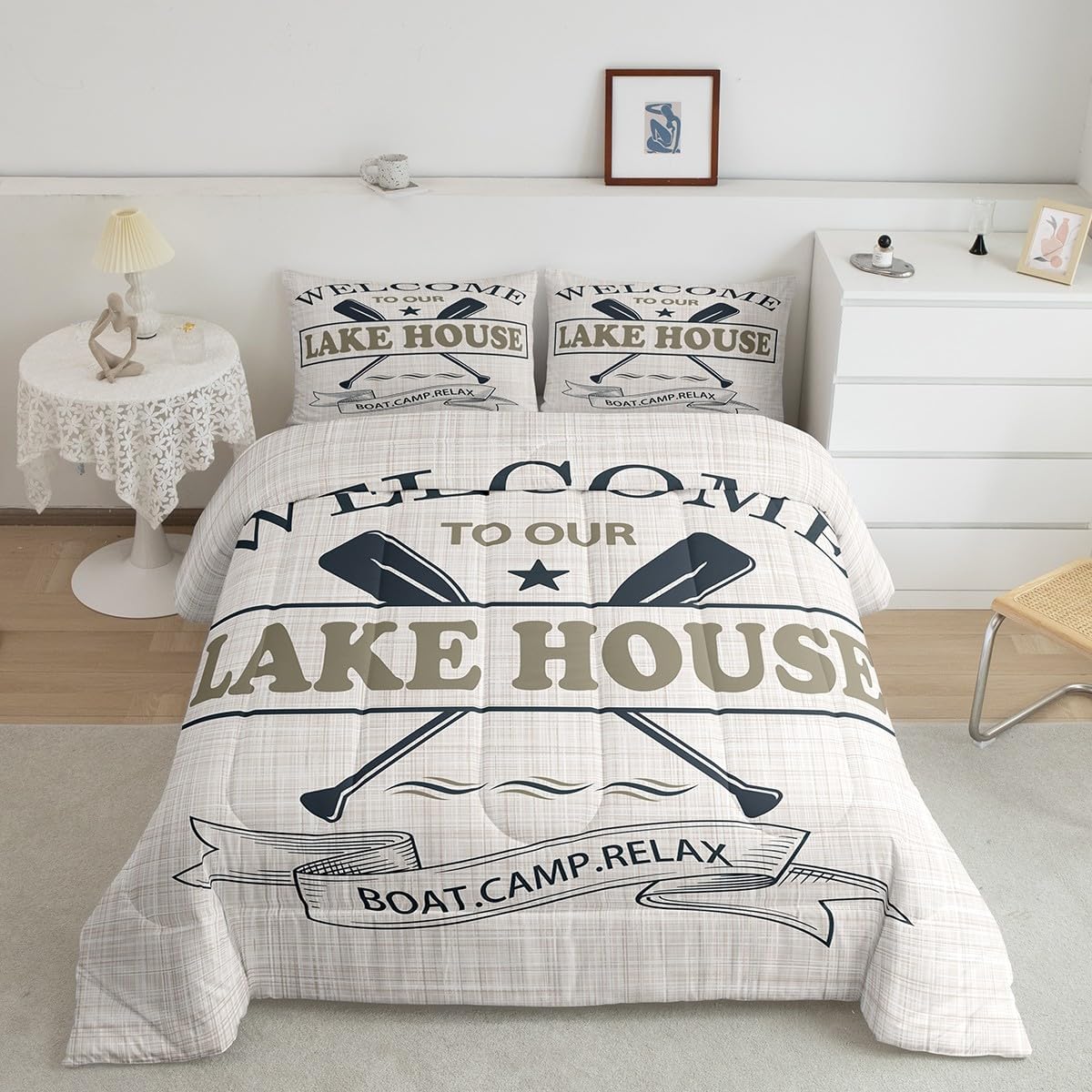 Lake House Comforter Set Queen Size,Go Boating Paddle Lake