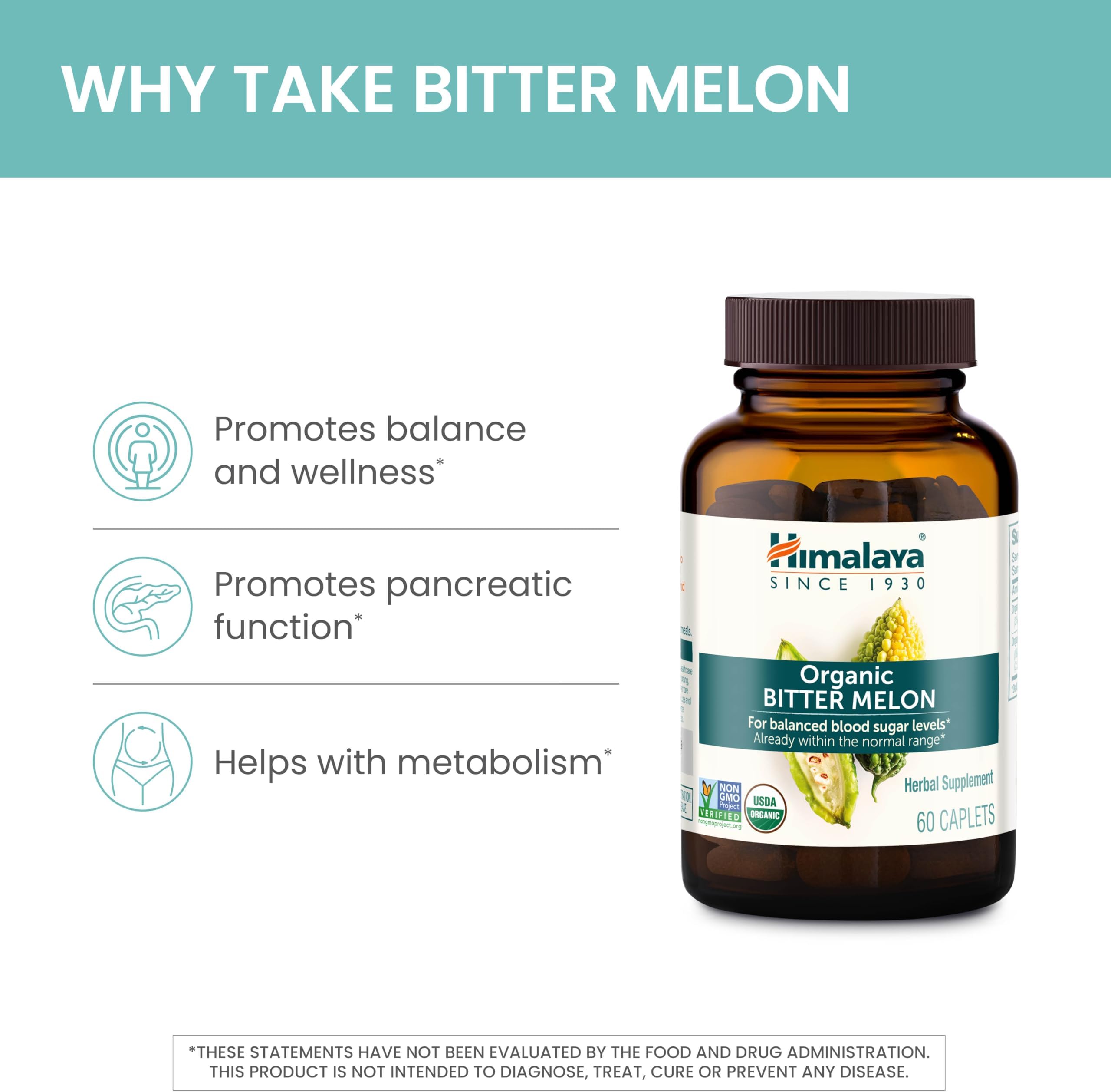 Organic Bitter Melon - All Natural Glycemic, Pancreatic Support & Weight Management Supplement, USDA Certified Organic and Non-GMO Verified - by Himalaya, 60 Caps