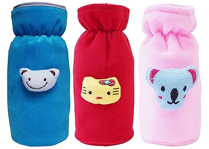 Kuber Industries Rabbit Face Design Soft Velvet StretcHable Baby Feeding Bottle Cover With Easy to Hold Strap-Pack of 3 (Blue & Red & Pink)