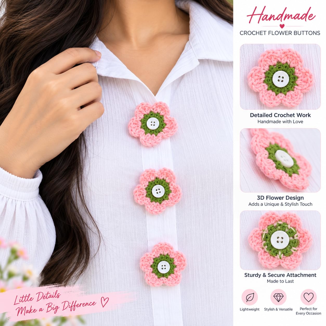 Crochet Mall Handmade Crochet Flower Button Charm for Shirts