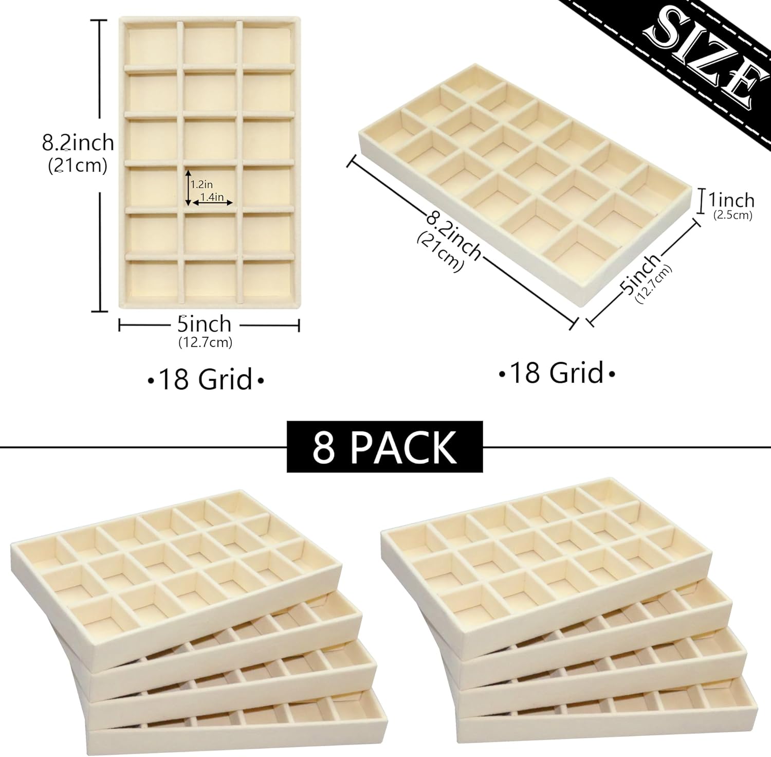 8 Pack Stackable Jewelry Organizer Tray Velvet Jewelrry Storage Drawer Insert Earring Stacking Trays for Dresser 18 Grids