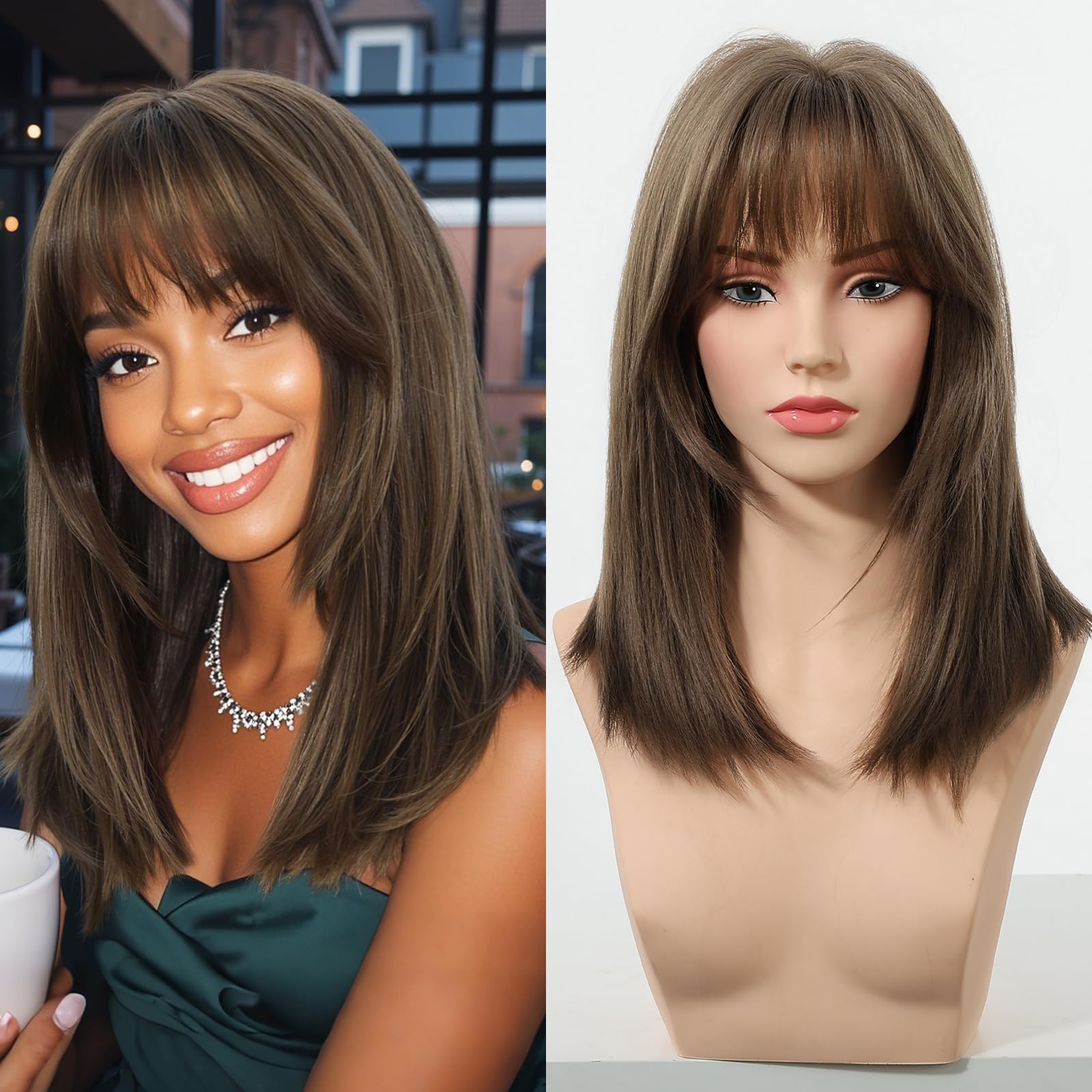 Allbell Short Brown Bob Wigs for Women with Bangs Natural Straight and Shoulder Length Synthetic Hair Wig for Daily Wear & Costume Use