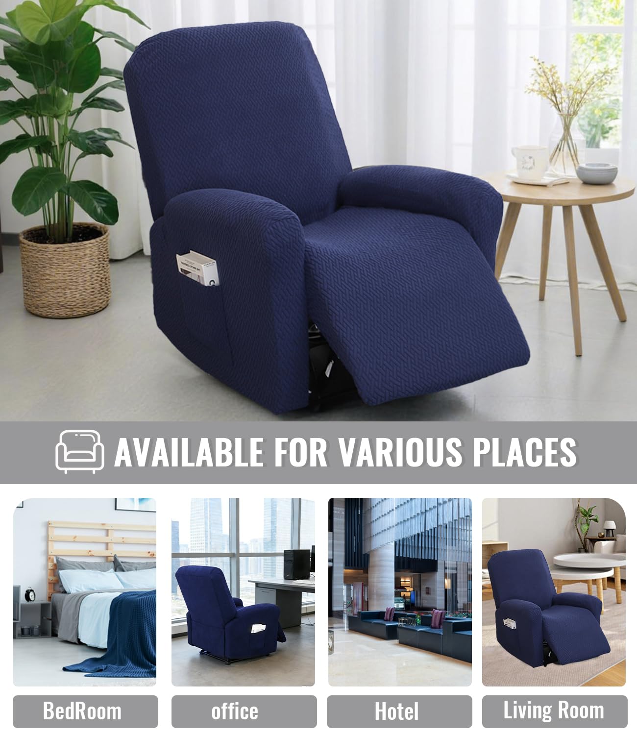 Copripoltrona Relax Reclinabile Elettrica Universale, Blu Navy Jacquard Fodere per Poltrona Relax 1 Posto, Elasticizzato Copridivano Reclinabile con Tasca Rimovibile