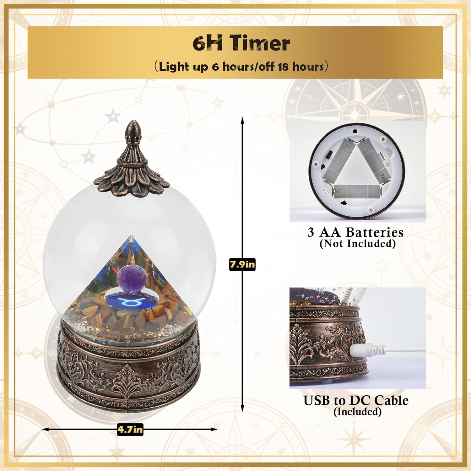 12 Zodiac Signs Taurus Crystal Pyramid Globe with Tiger Eye Healing Stones and Glitter, Pyramid for Positive Energy, Lucky, Handmade Zodiac Themed Gifts for Its Lovers, Birthday Gifts (Taurus)