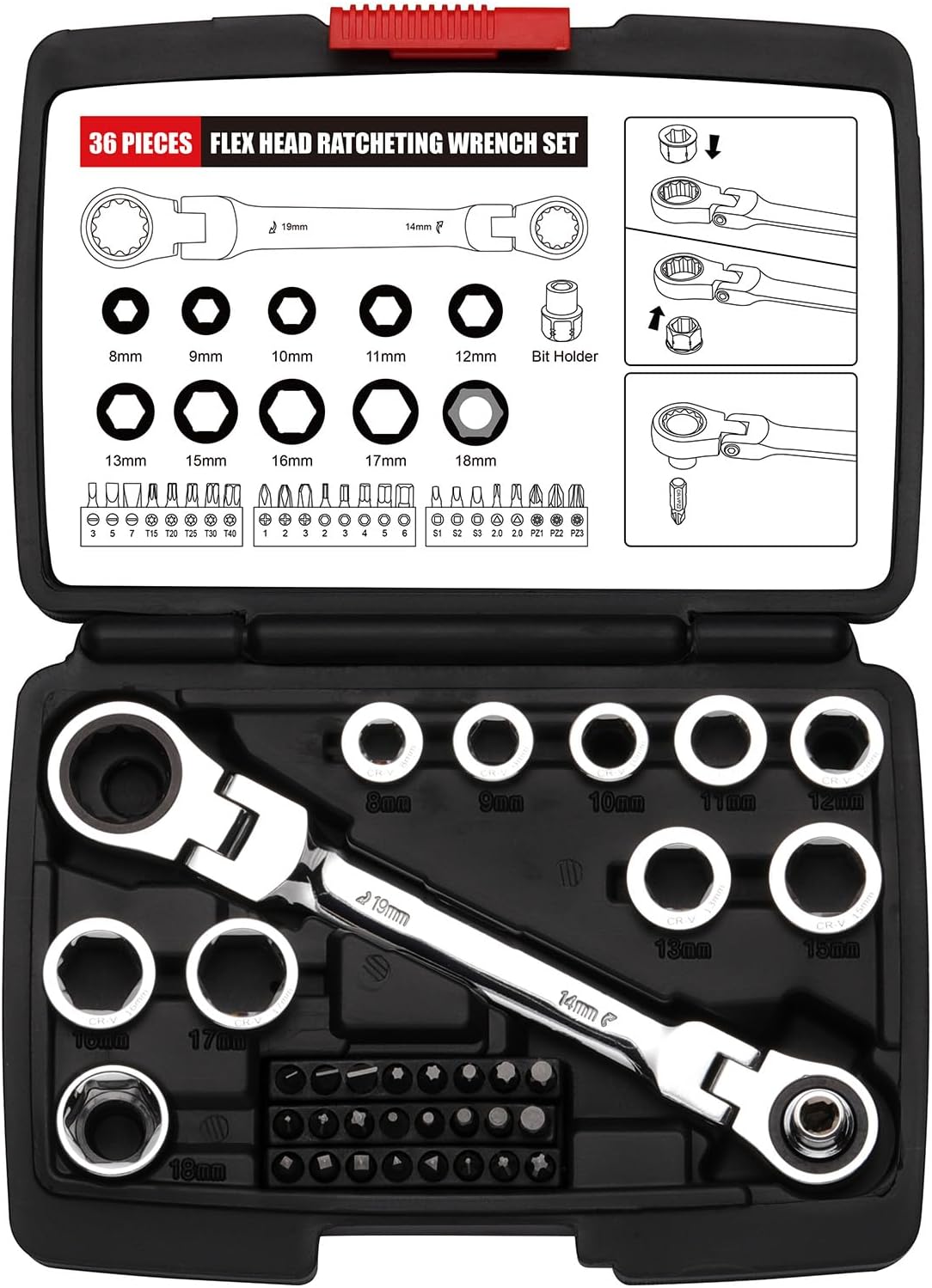 EMENTOL 27PCS Extra Long Flex Head Ratcheting Wrench Set, CR-V, Double Box End Ratchet Wrench Set with 8mm - 22mm, E8 - E22, 1/4", 3/8", 1/2" Socket Adapters Replacement Heads