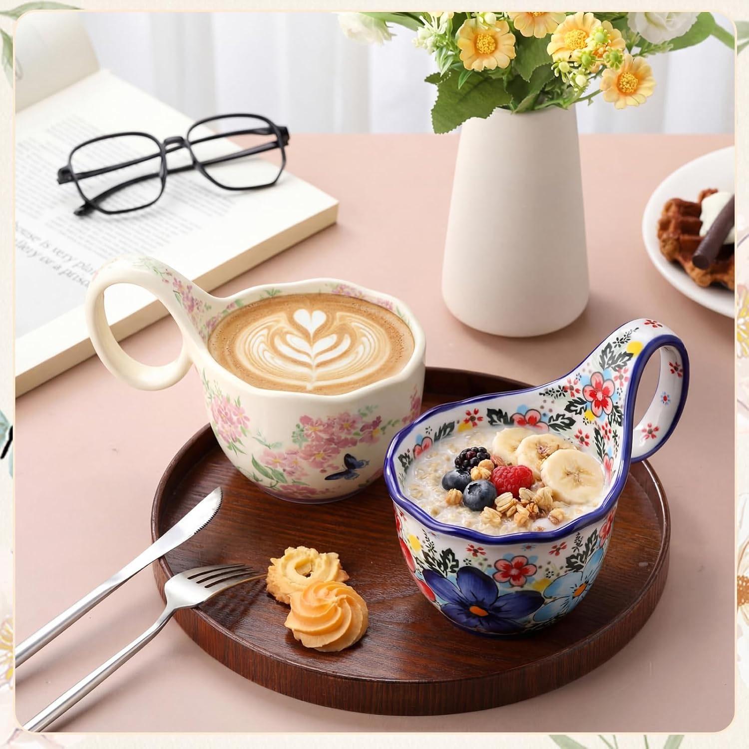 2 Pack 16.9oz Soup Bowls with Loop Handle, Ceramic Microwave and Dishwasher Safe Bowls, Floral Blue Soup Bowl with Loop Handle for Hot Soups, Chilled Desserts, Camping Theme