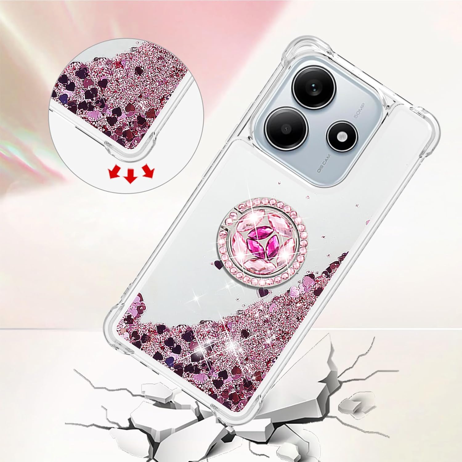 for Xiaomi Redmi Note 14 5G Case Glitter with Diamond Ring Holder, Clear Soft TPU Bumper Bling Girly Women Cute Liquid Quicksand Cover Case for Xiaomi Redmi Note 14 5G LSZ Rose Gold - Image 2