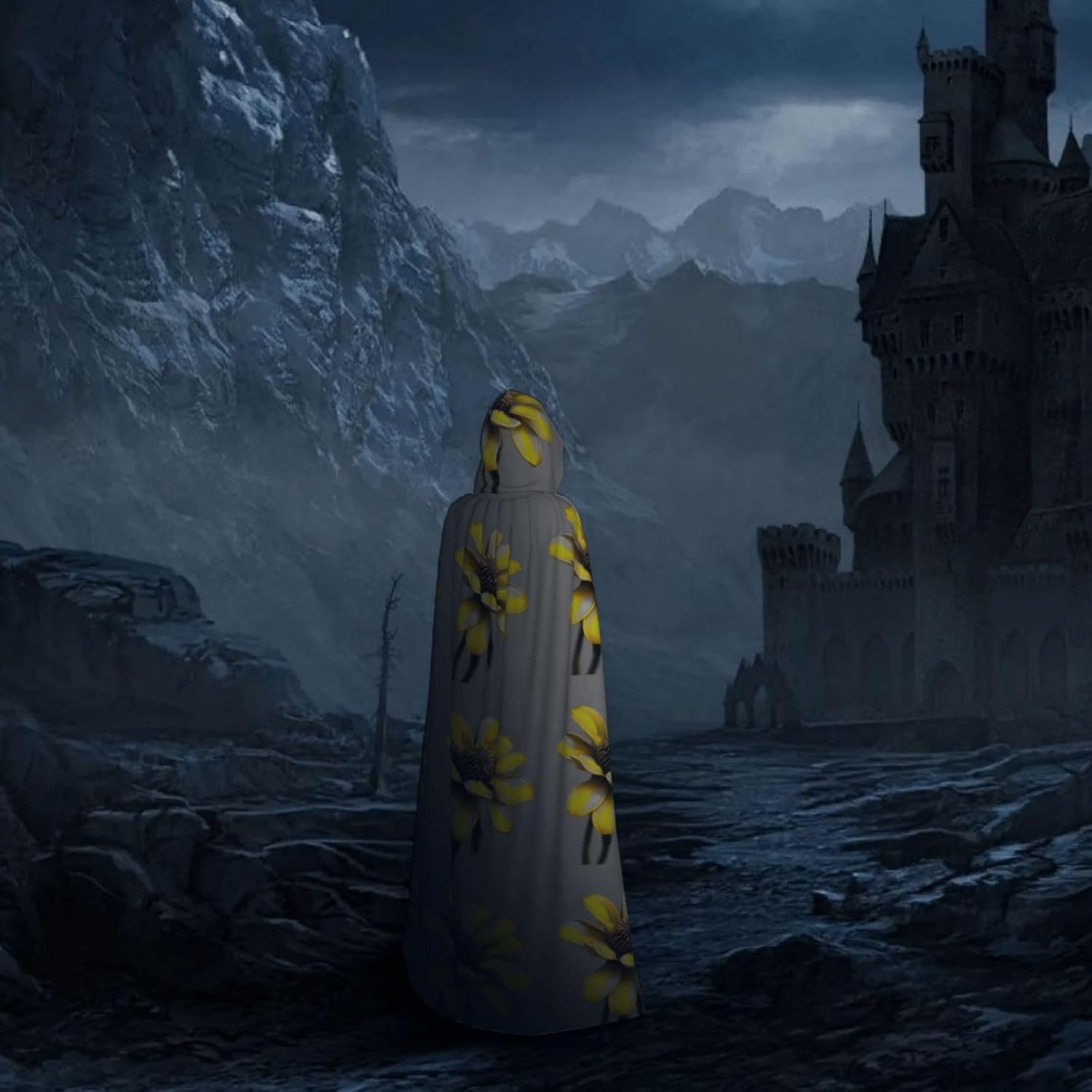 Yellow gray flower print Halloween Hooded Robe Cloak for Adult Men Women Wizard Vampire Knight Fancy Cape Costume