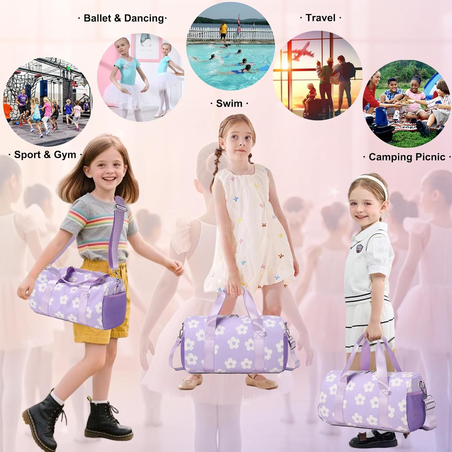 Dance Ballet Bag for Girls Purple Corduroy Dance Bag for Girls 4-6 Toddler Small Duffle Ballerina Bags with Waterproof Dry Wet Separated Compartment