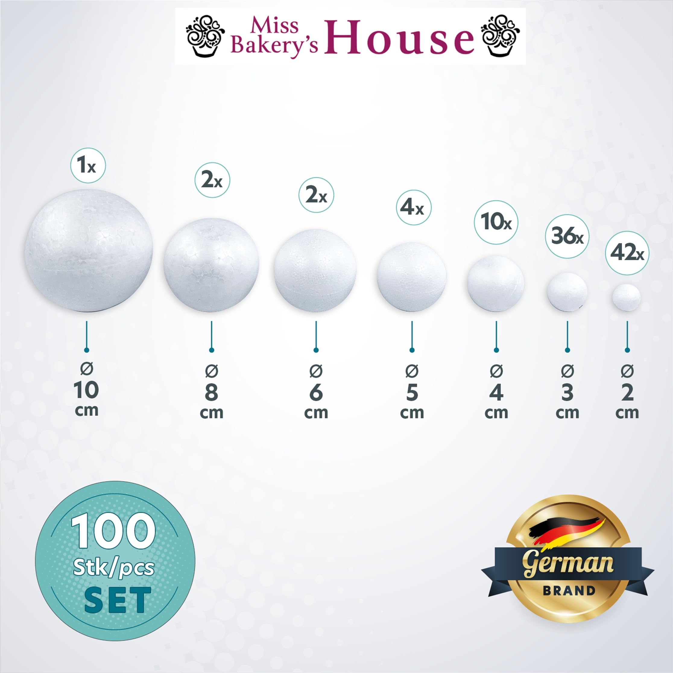 Miss Bakery's House Palline di polistirolo – Set completo – 100 pezzi – 1 x 10, 2 x 8, 2 x 6, 4 x 5, 10 x 4, 36 x 3, 42 x 2 – Set creativo fai da te – Palla di polistirolo – Vuoto – Feltro – Découpage