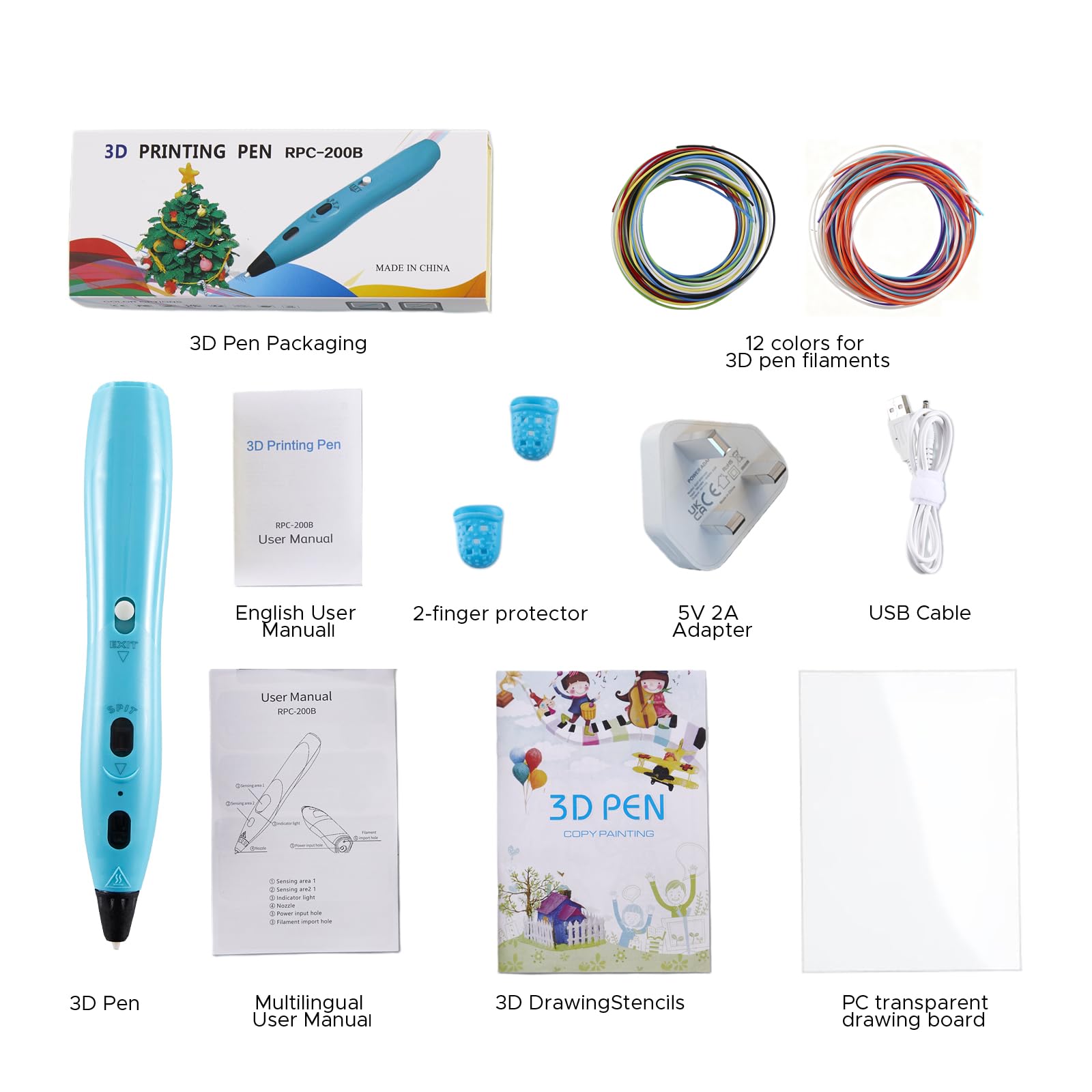 RPC200B - Set di penne 3D, include 12 colori di filamento PLA. Questa penna per stampa 3D è compatibile con filamento PLA ed è adatta per lavori fai da te (blu)