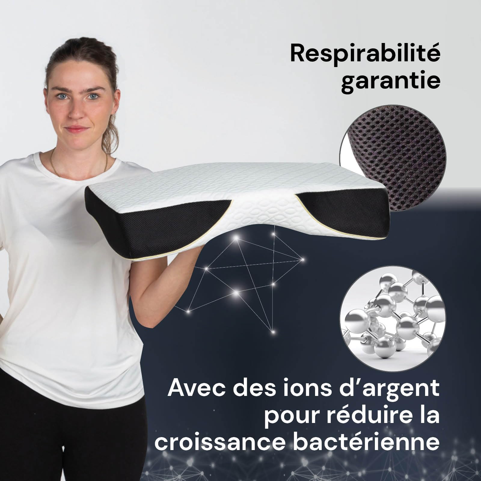 Vitapur MemoSilver Ionity Coussin anti-ronflement révolutionnaire pour le confort de sommeil avec stimulation hygiénique grâce aux ions d'argent