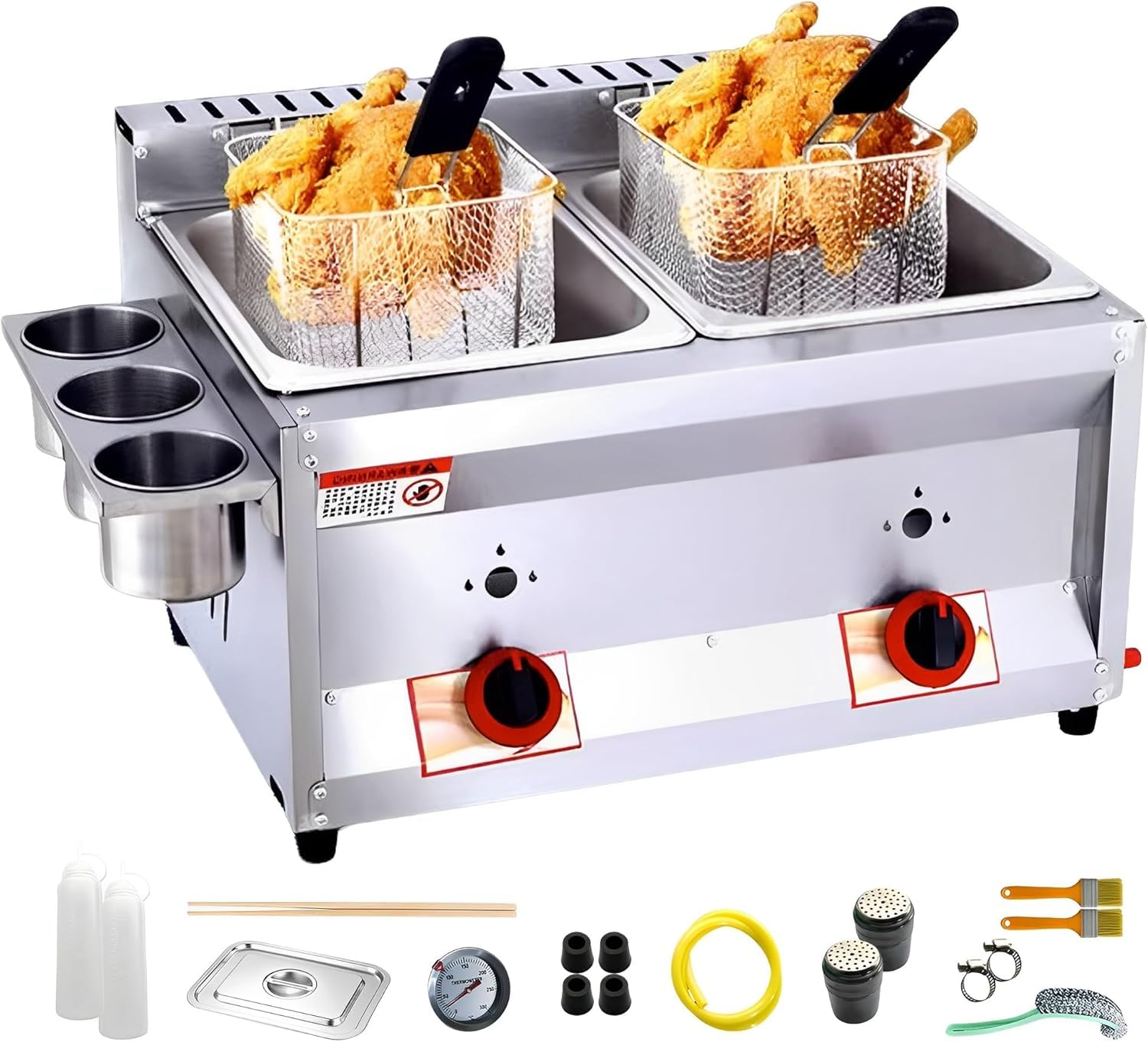 Friggitrice Professionale a Gas GPL, Doppia Vasca Inox da 10L con Termostato Regolabile per Ristorante e Cucina Domestica - Design Autoportante per Uso Interno ed Esterno,10+10 Liter Fryer Model