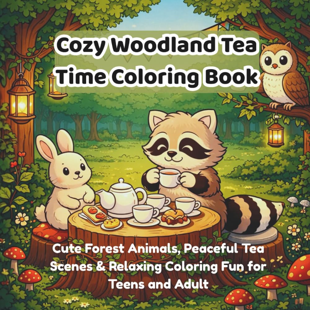 Cozy Woodland Tea Time Coloring Book: Cute Forest Animals, Peaceful Tea Scenes & Relaxing Coloring Fun for Teens and Adult