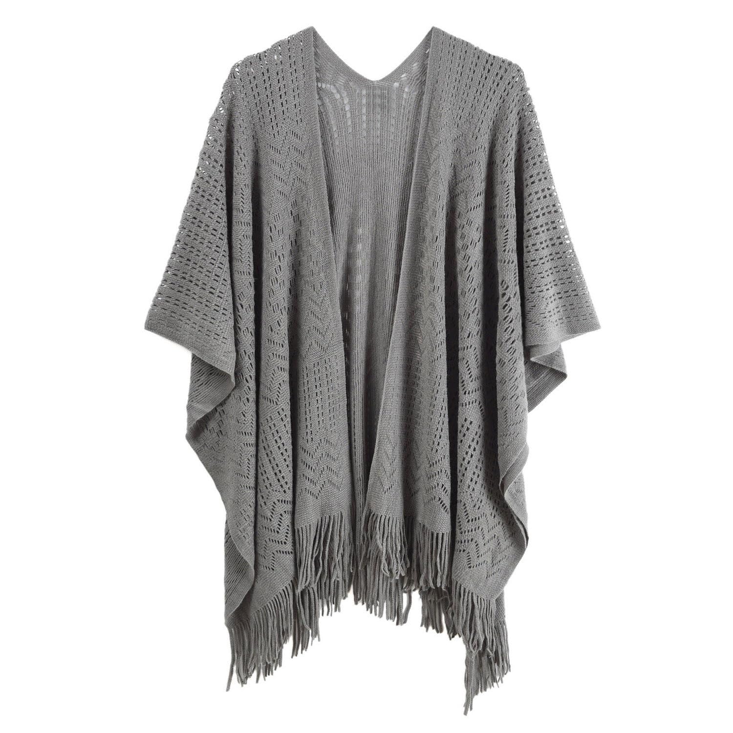 Makroyl Women Knit Wrap Shawl Cape Ladies Knitted Scarf Tassel Open Poncho Cardigan (Grey)