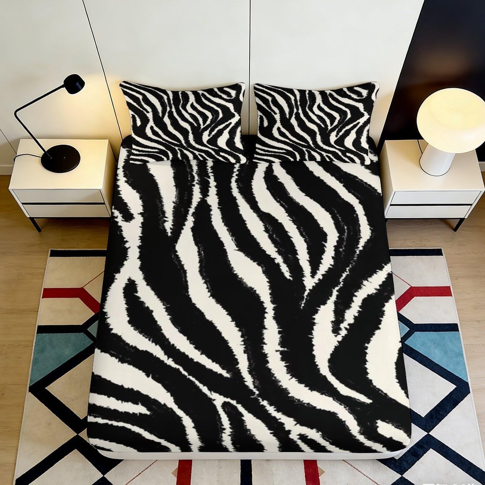 3D Printed Zebra Stripes Fitted Sheet Microfiber Soft Black White Animal Pattern Mattress Cover for Bedroom Dorm Easy Care 160x200x25cm