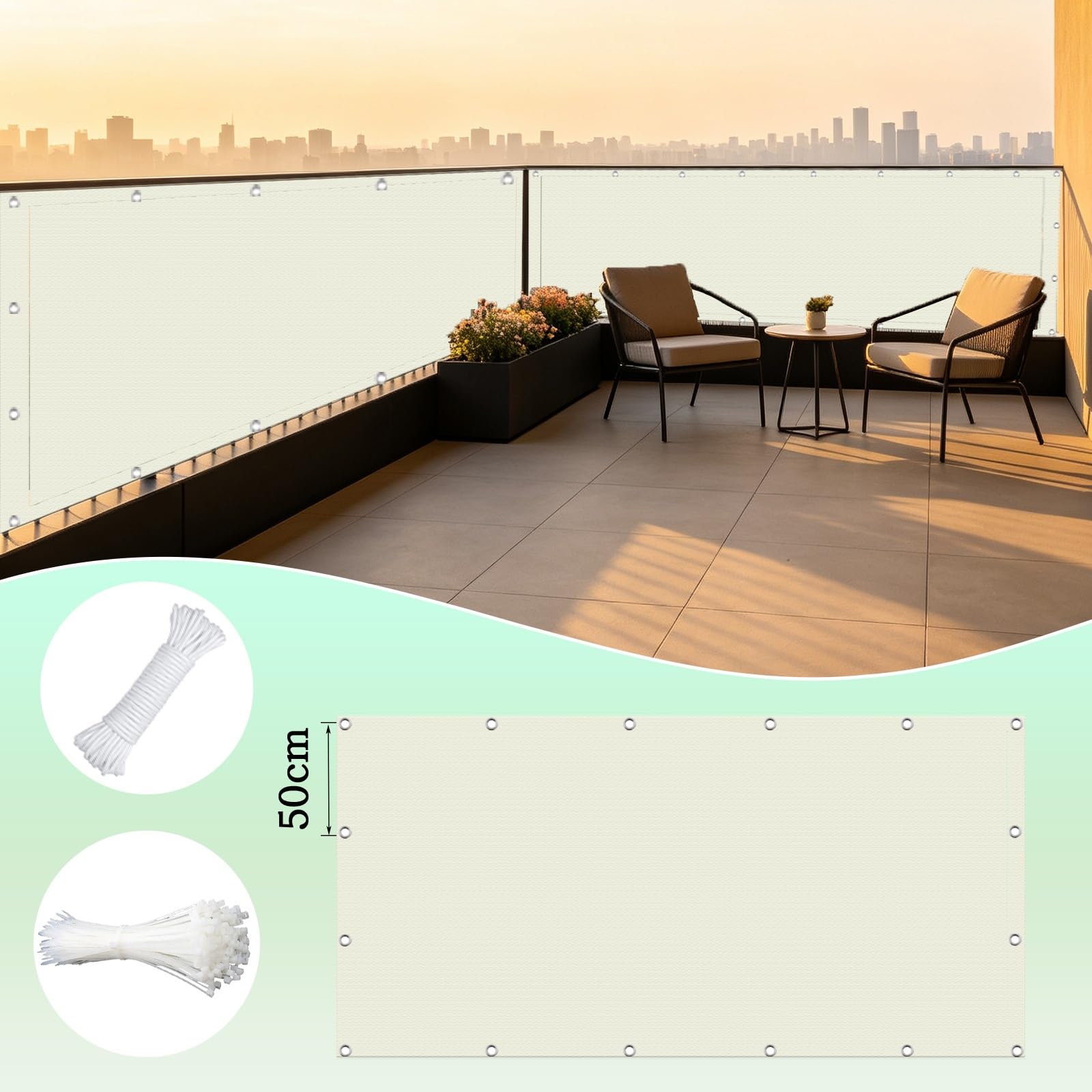 Frangivisto Balcone 1 x 10 m Protezione Privacy, Protezione Uv, Antivento e Impermeabile, Solare Oscurante Balcone con Fascetta per Ringhiera, bianco