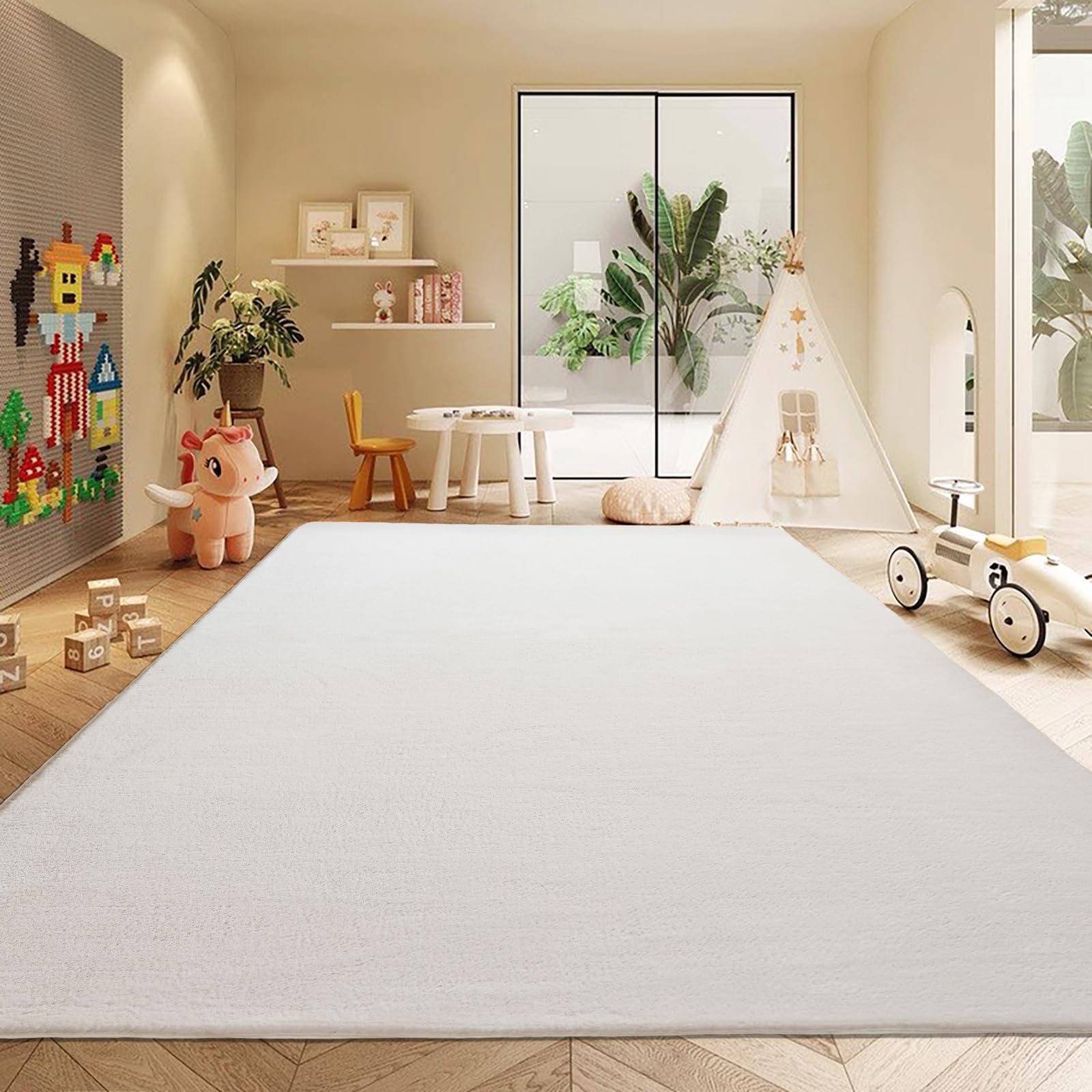 Teppich Wohnzimmer 200x300cm, Waschbarer Kinderzimmer Mädchen Junge Schlafzimmer Grau Carpet Gegend Kurzflor Flauschig Rutschmatte (Cremeweiß, 200x300)