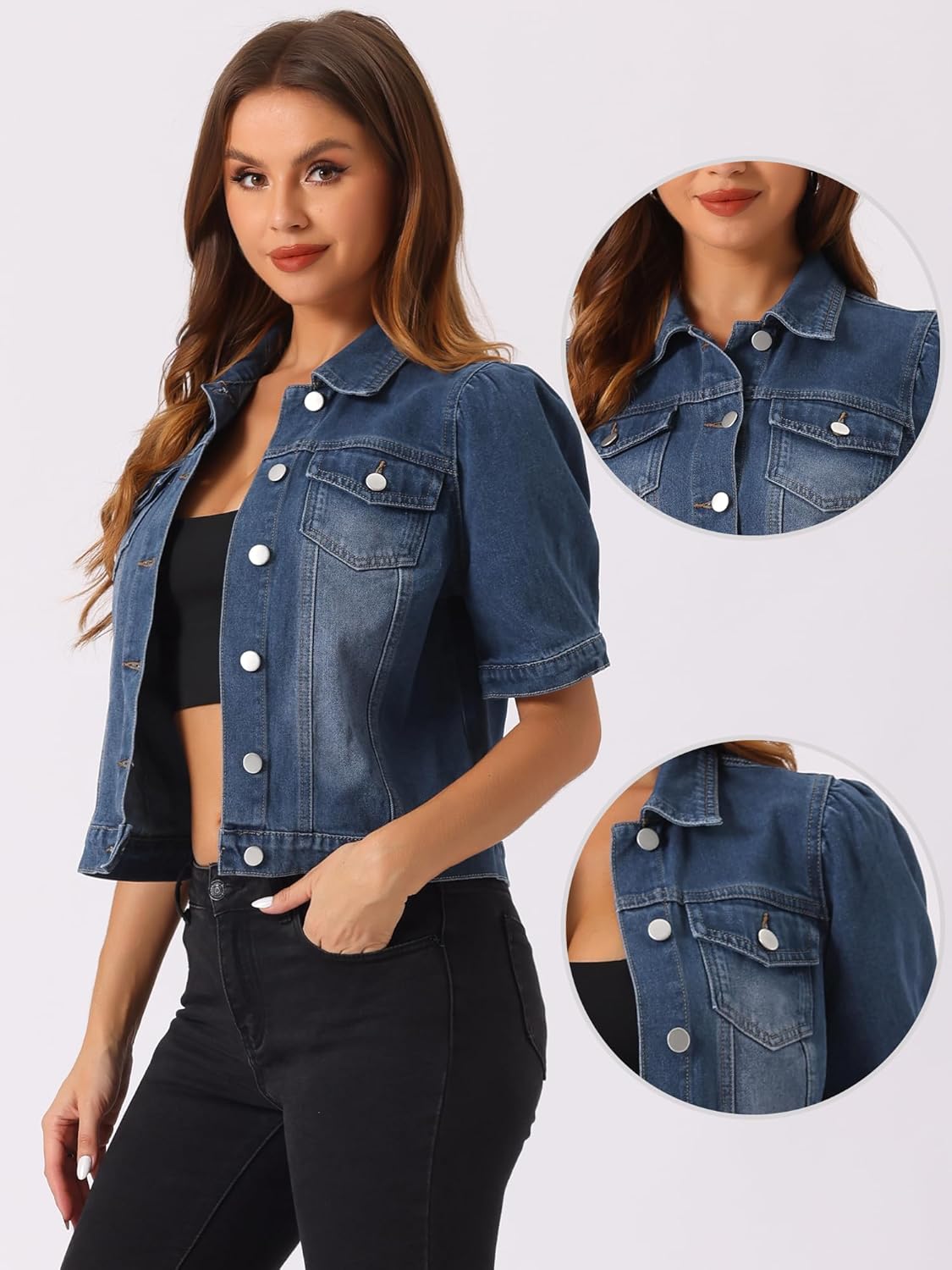 Allegra K Casual Jean Jacket for Women's Short Puff Sleeves Button-Down Denim Jacket - Image 4