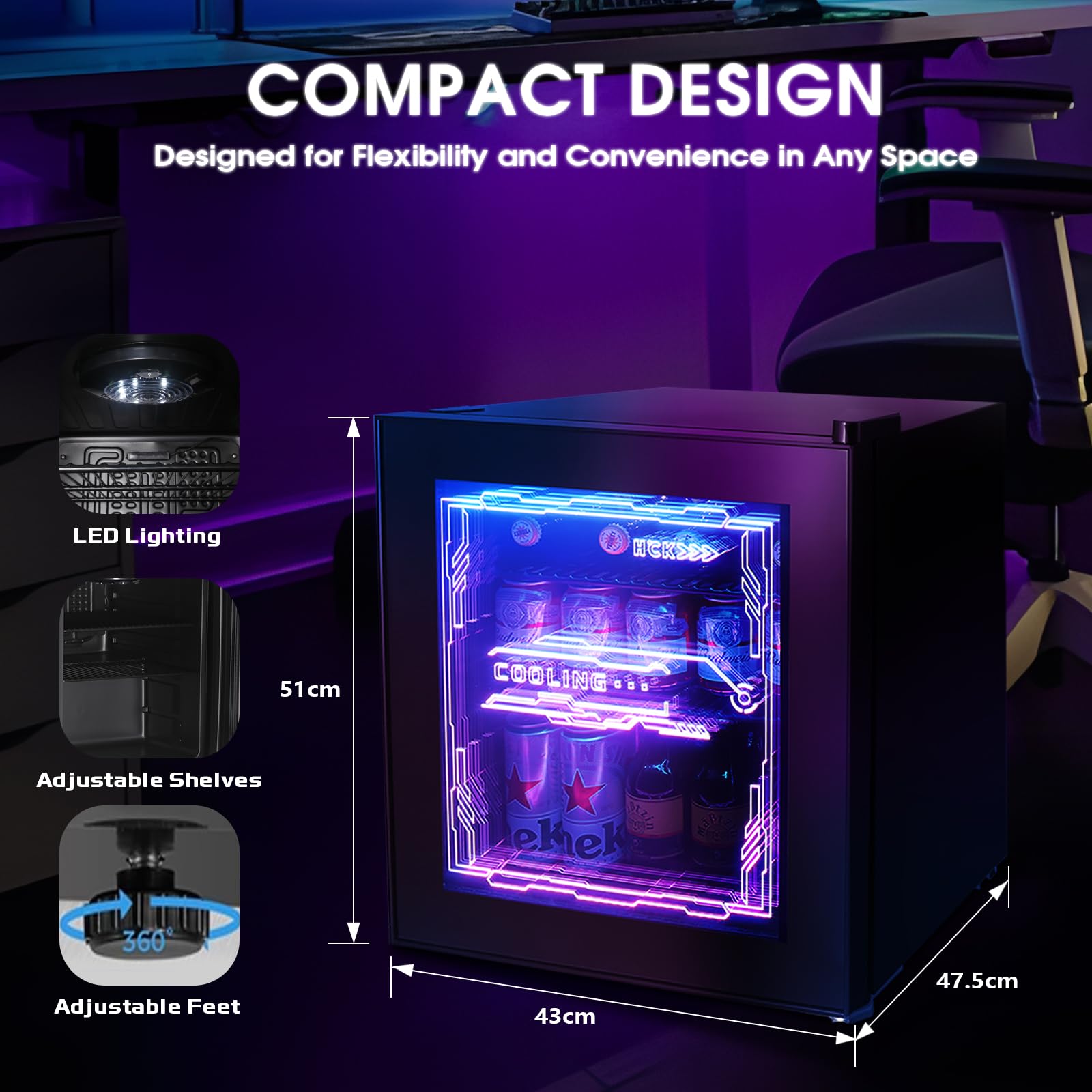 HCK Mini Kühlschrank 48L, Getränkekühlschrank mit Glastür und LED Beleuchtung, Cyberpunk Design, leise 39dB, 0-10℃ Bierkühlschrank für Gaming Room, Party, Bar, Schwarz