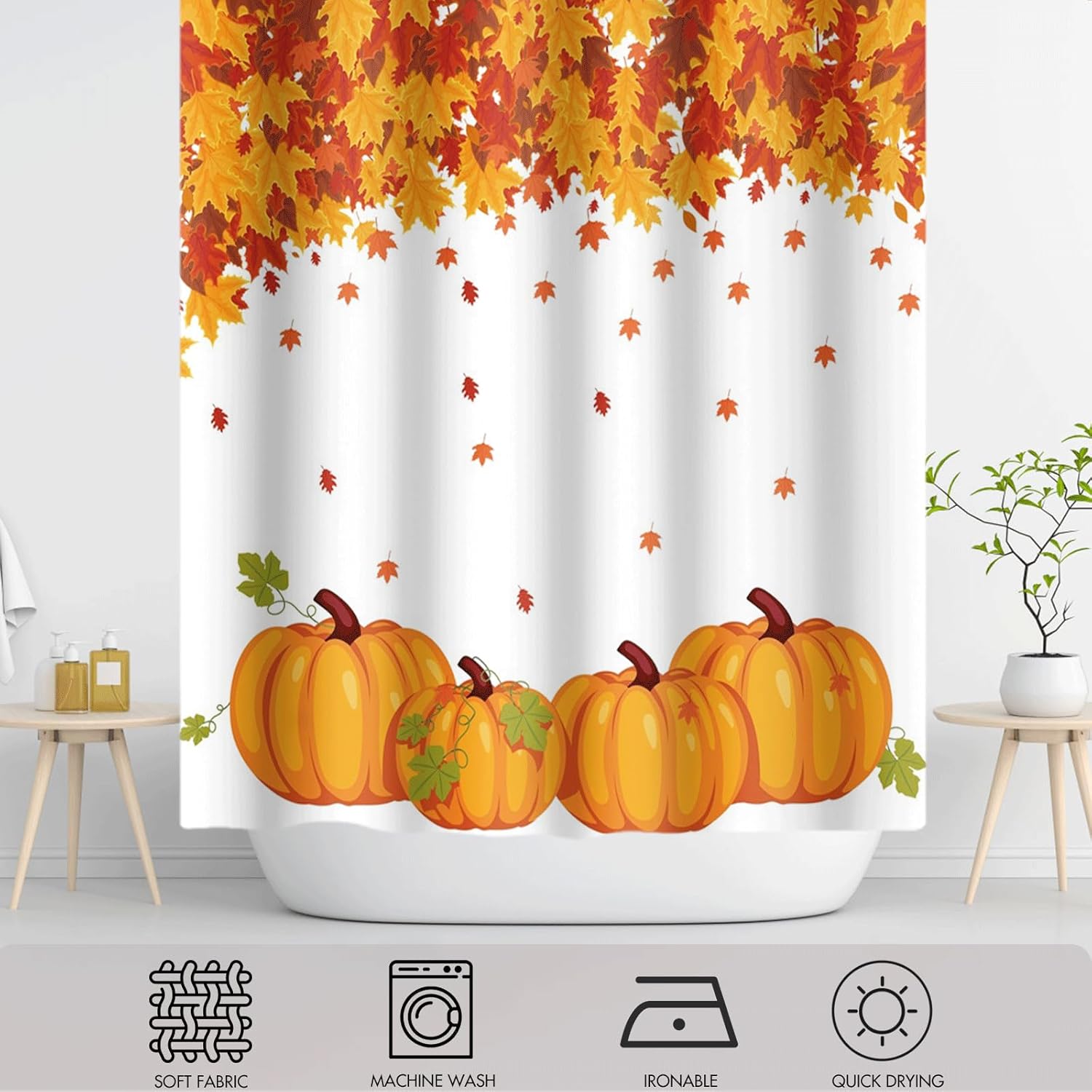 Fall Pumpkins Shower Curtain for Bathroom Waterproof Polyester Fabric Autumn Maple Leaves Shower Curtain Set Thanksgiving Holiday Home Bathtub Decoration with Hooks, 72x84in